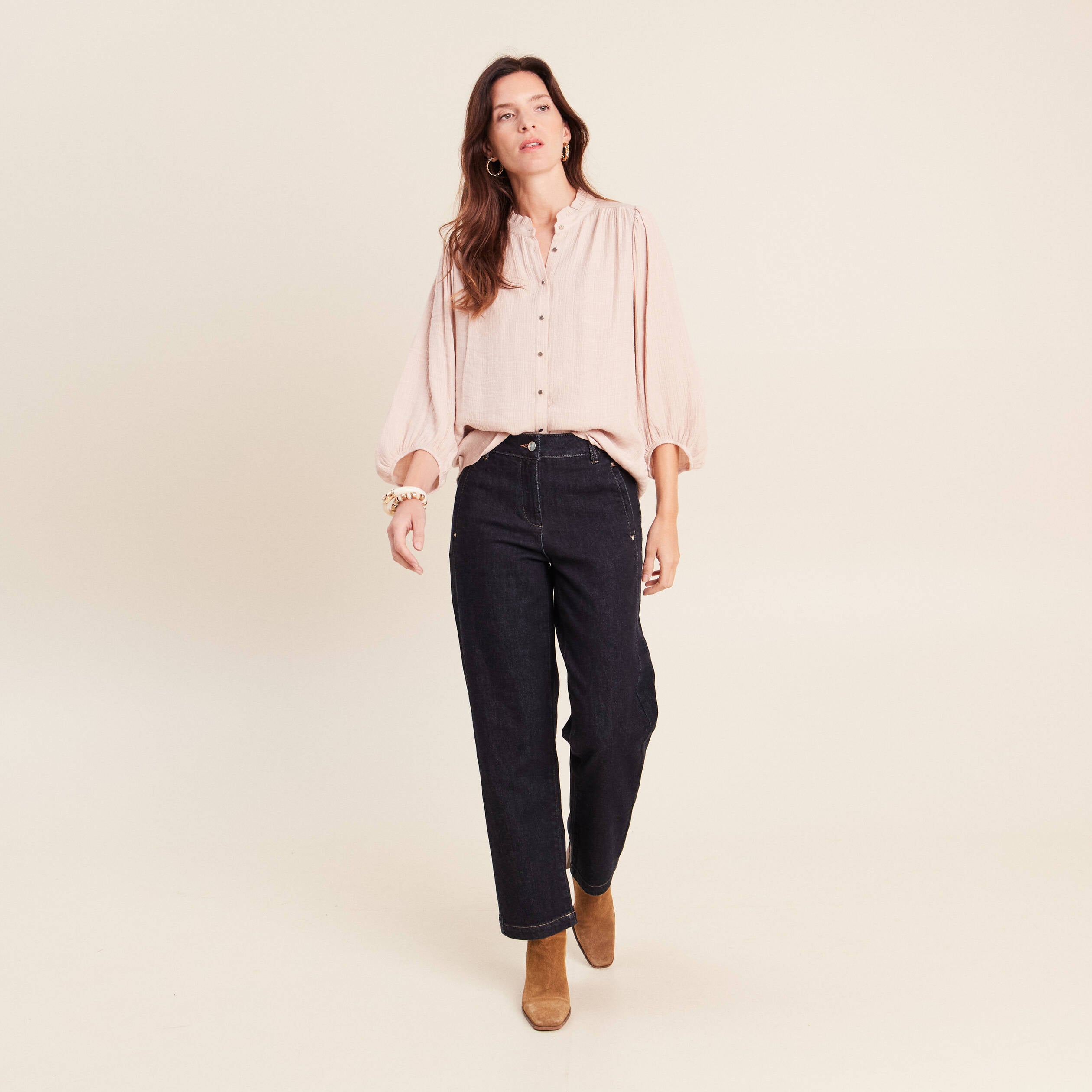 Chemise col montant manches 3/4 ivoire femme