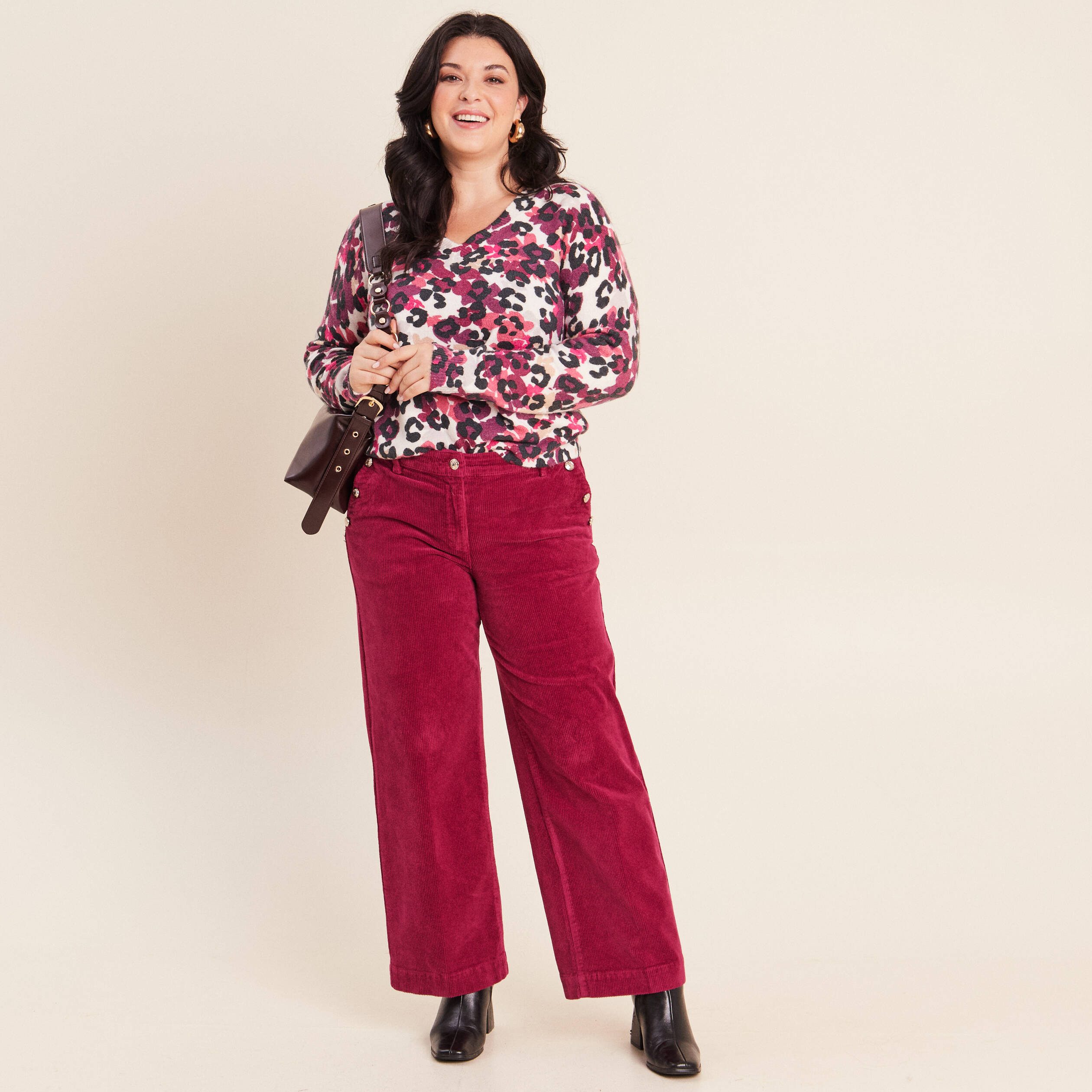 Pantalon large velours c&ocirc;tel&eacute; rouge fonc&eacute; femme