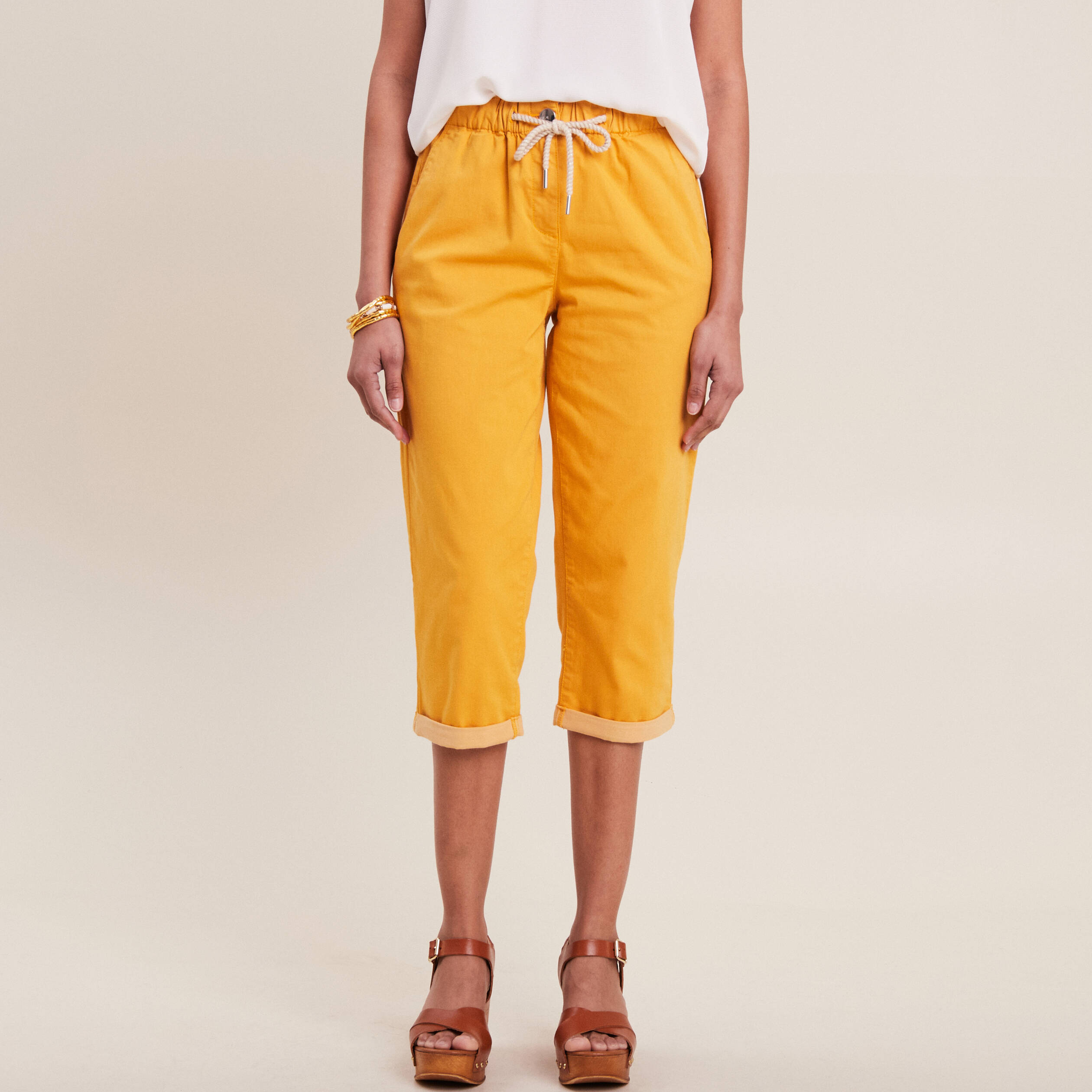 pantacourt large taille haute jaune moutarde femme Pantacourt large taille haute jaune moutarde femme