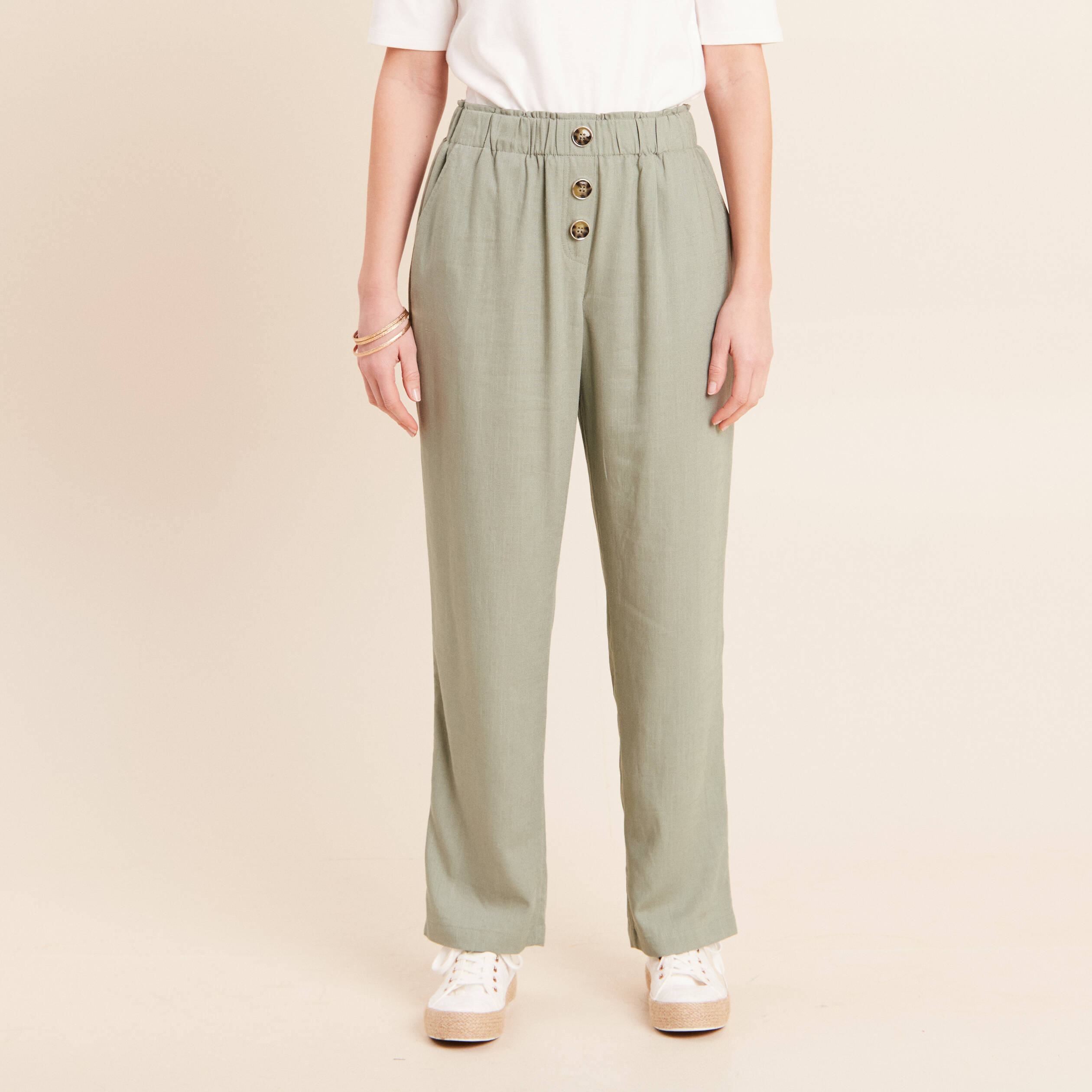 Pantalon large taille haute vert clair femme