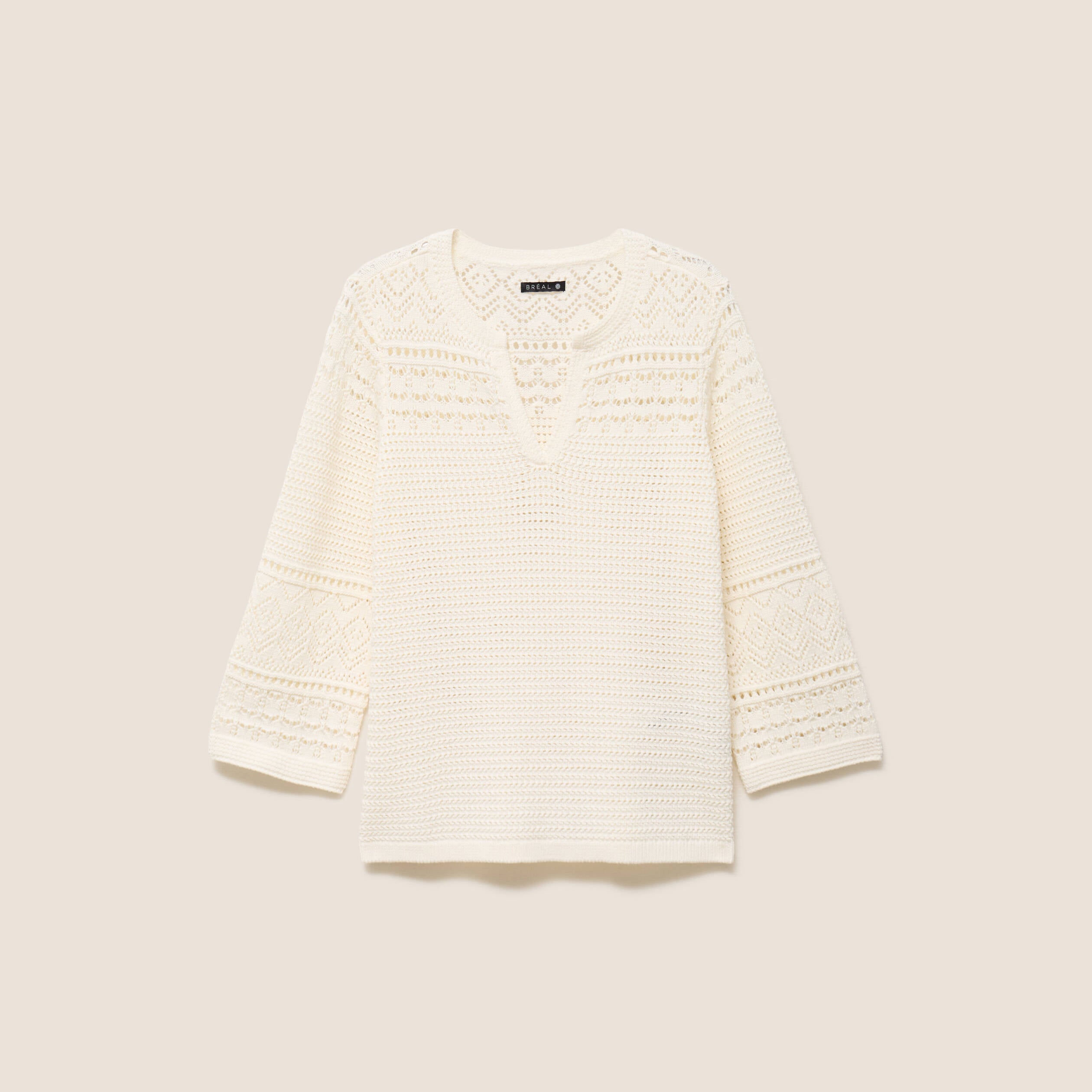 Pull col tunisien manches 3/4 ecru femme