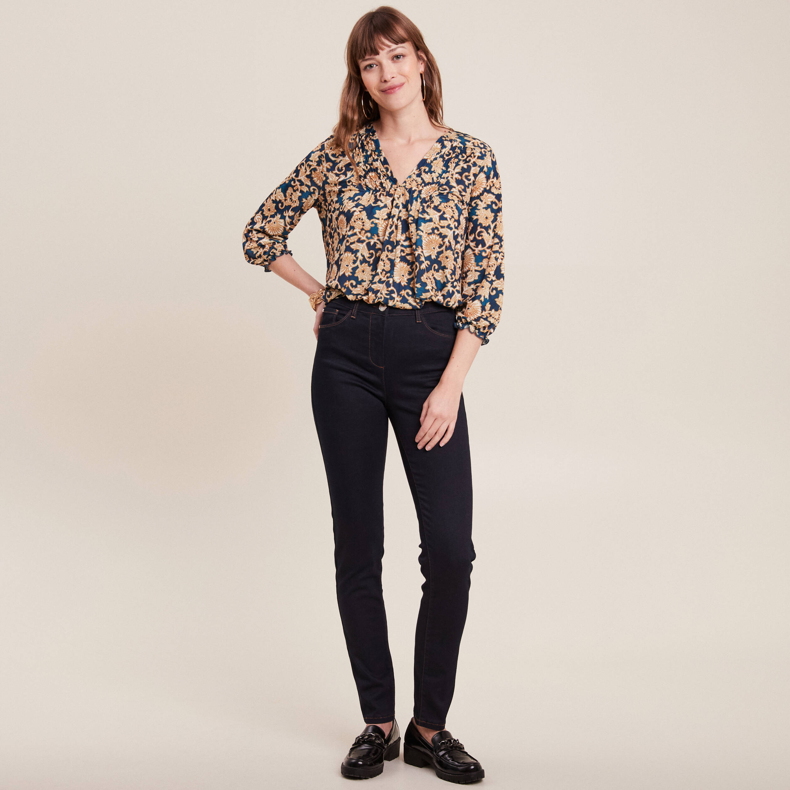 blouse manches 34 col smocke bleu fonce femme Blouse manches 3/4 col smocké bleu foncé femme