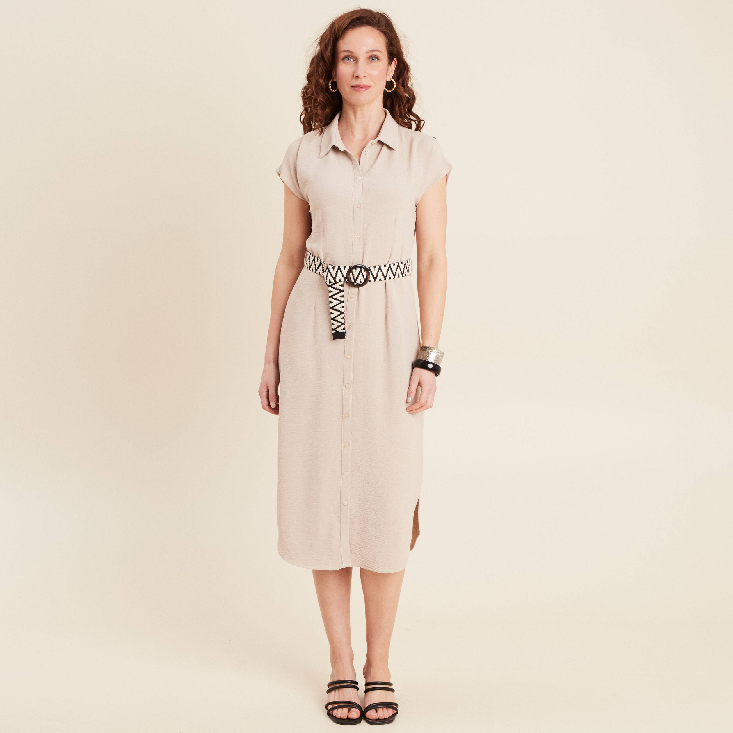 robe chemise droite ceinturee sable femme Robe chemise droite ceinturée sable femme