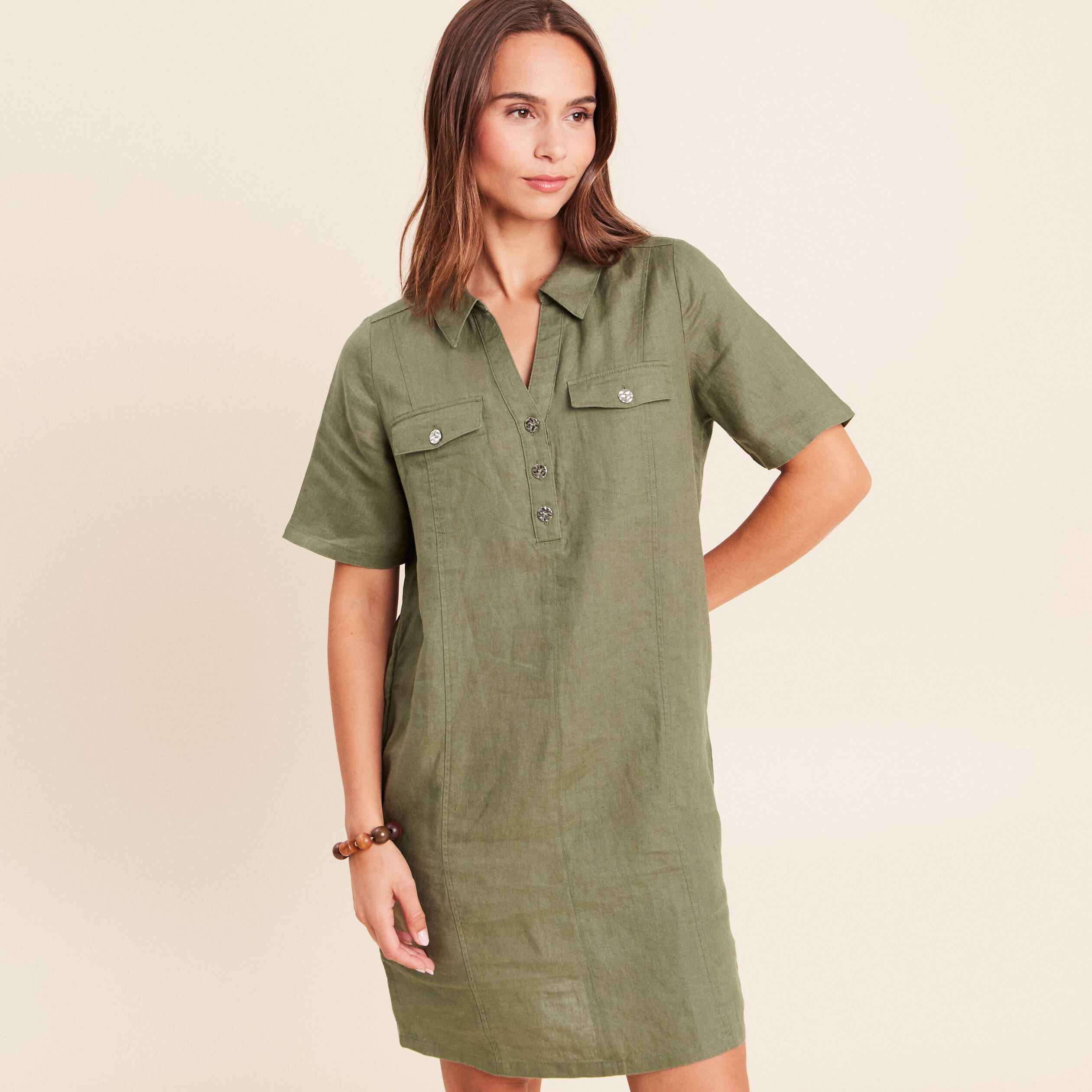Robe droite courte col chemise vert kaki femme