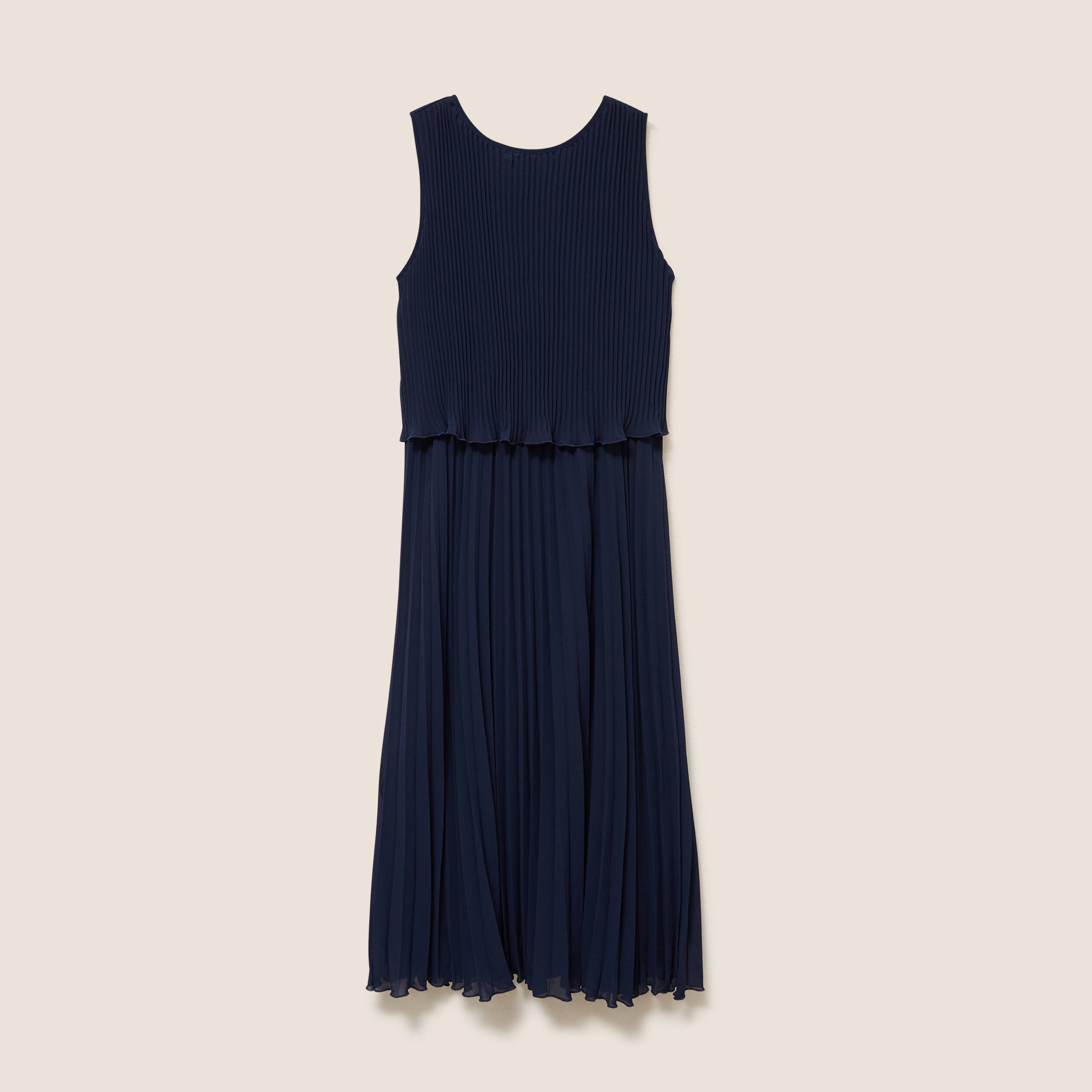 Robe longue &eacute;vas&eacute;e pliss&eacute;e sans manches bleu marine femme
