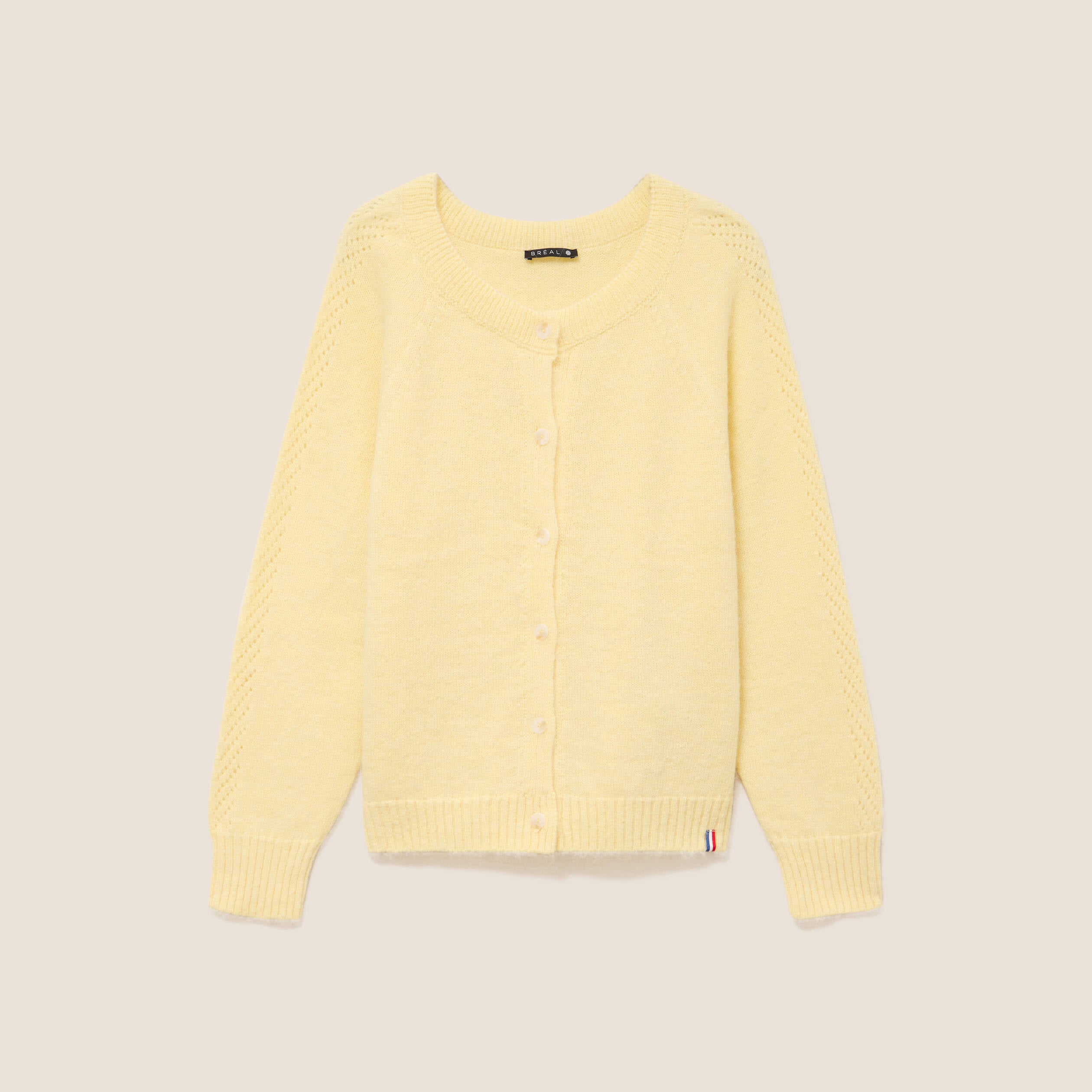 Gilet manches longues col rond jaune pastel femme