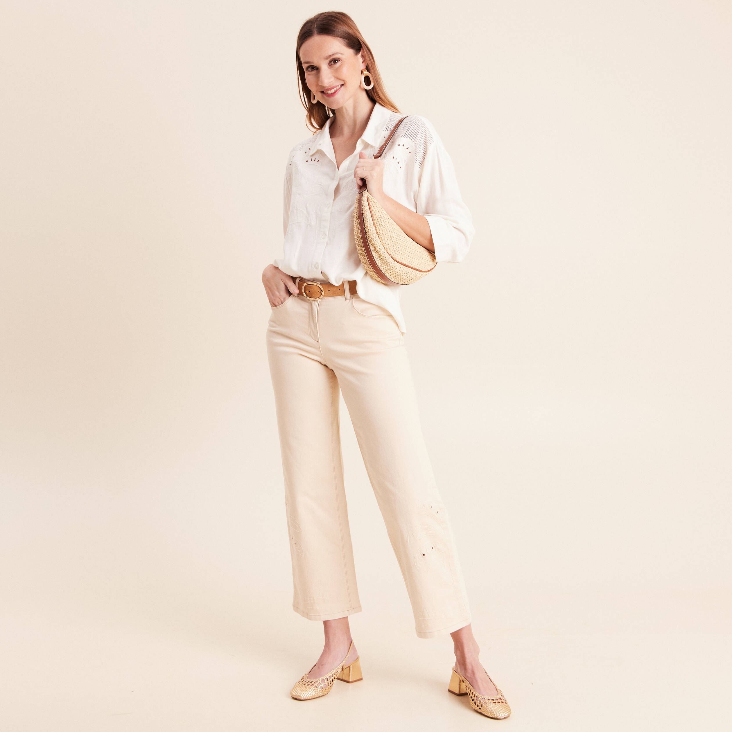 Pantalon 7/8&egrave;me coupe large ivoire femme
