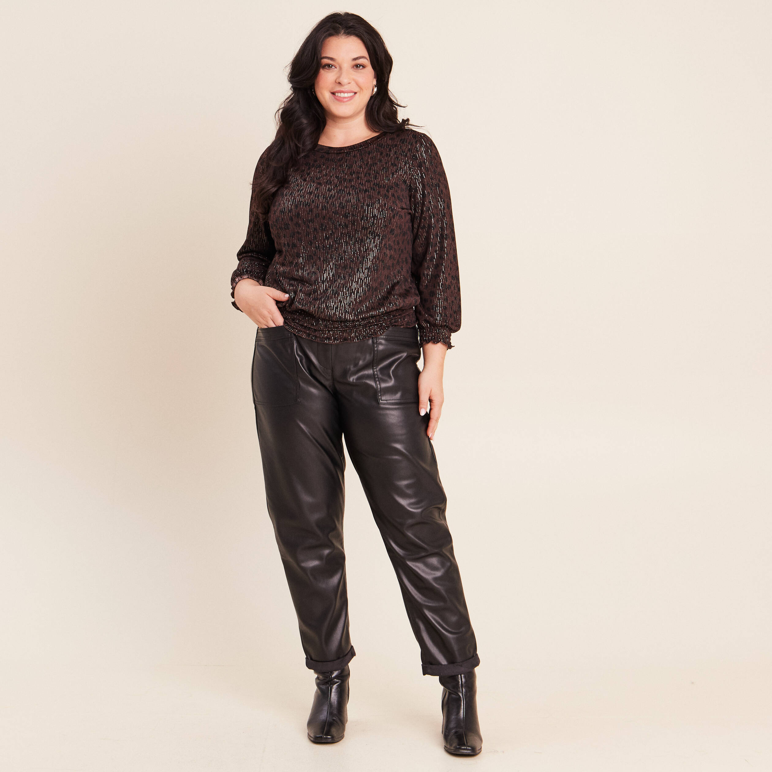 T-shirt col rond manches 3/4 marron fonc&eacute; femme