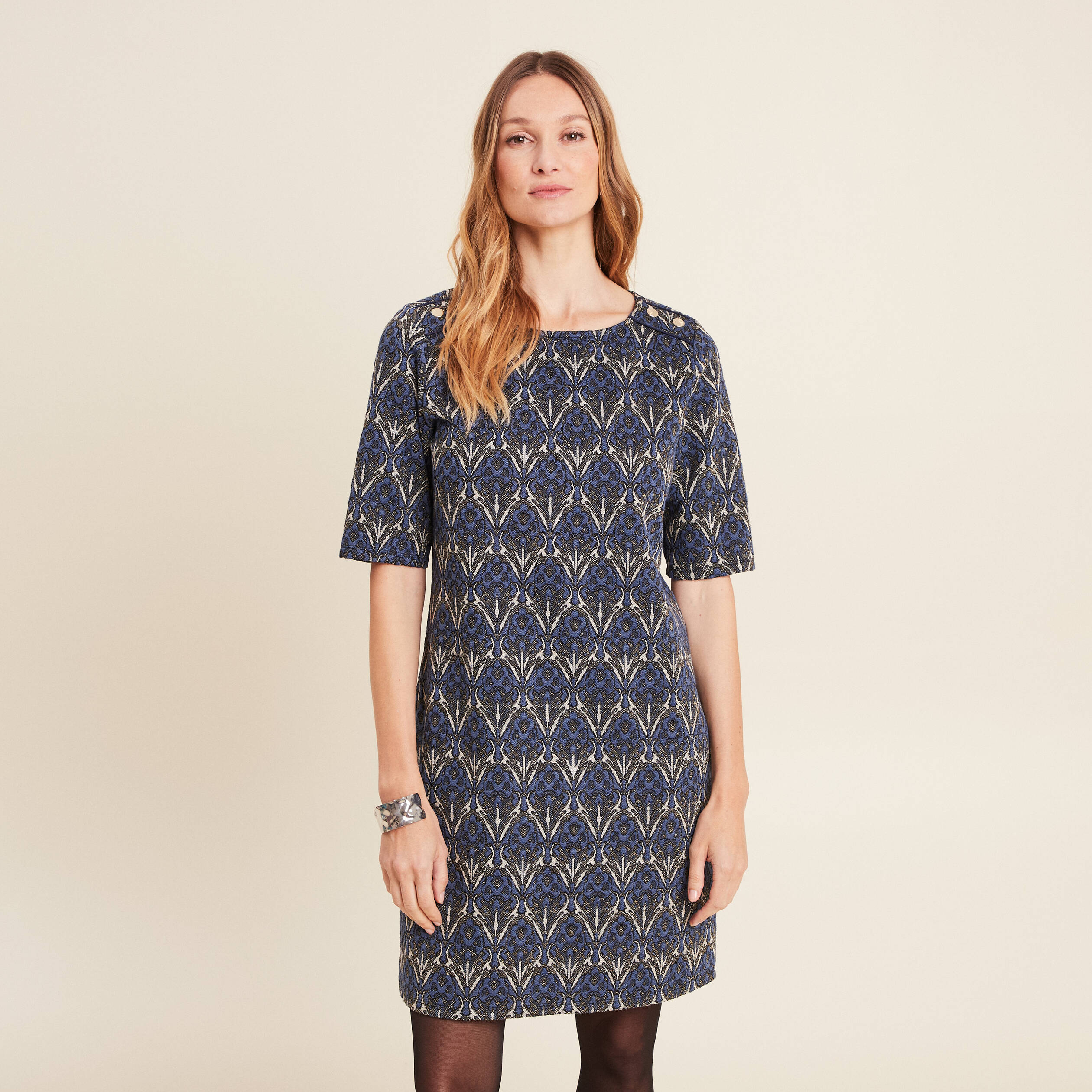 Robe droite manches 3/4 bleu femme