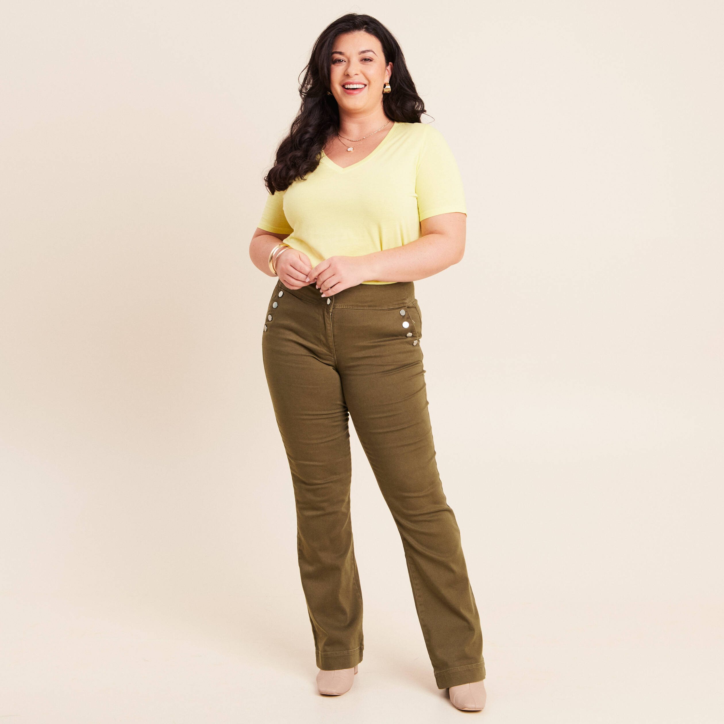 Pantalon coupe bootcut &agrave; pont vert kaki femme