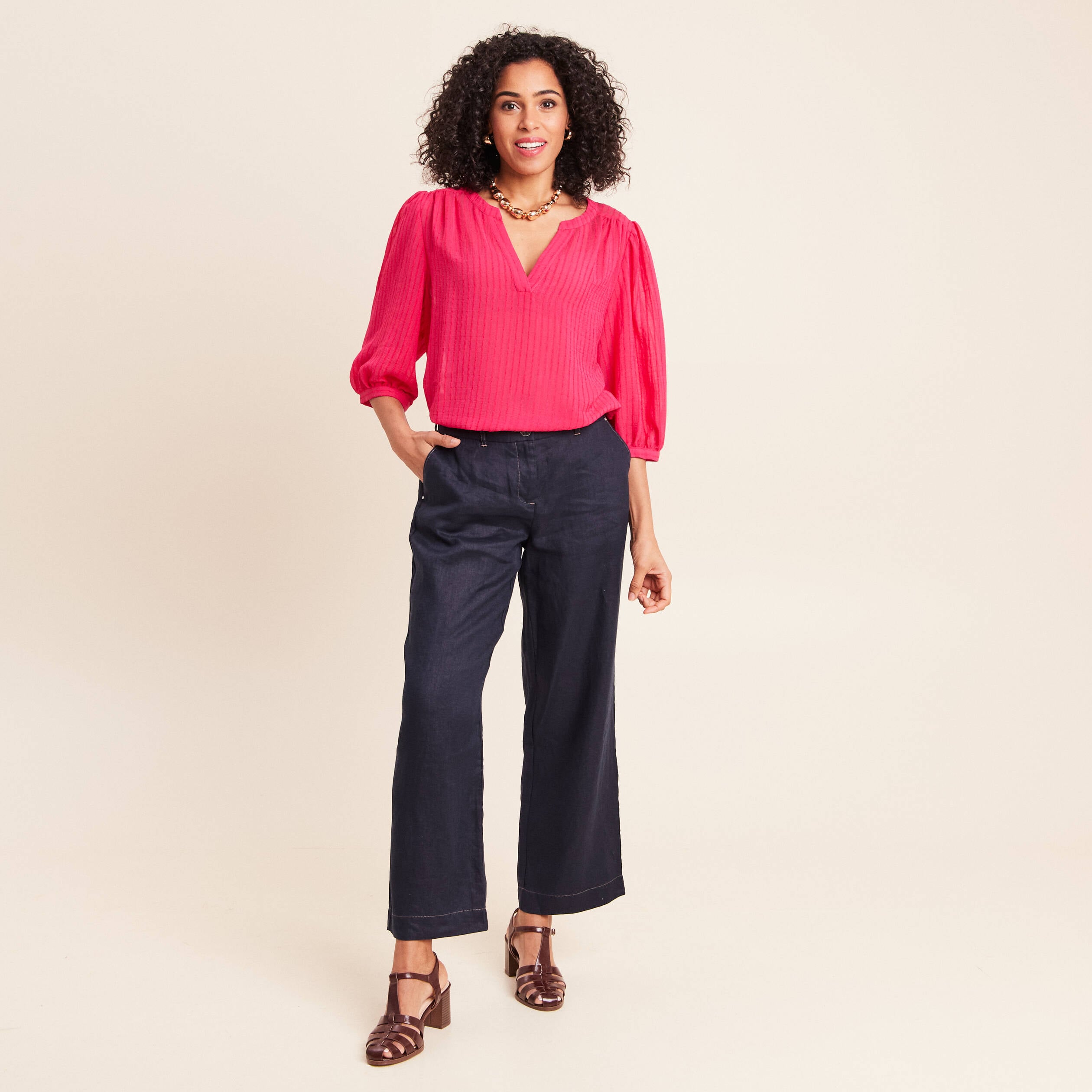 Blouse ample col tunisien manches 3/4 rose fushia femme