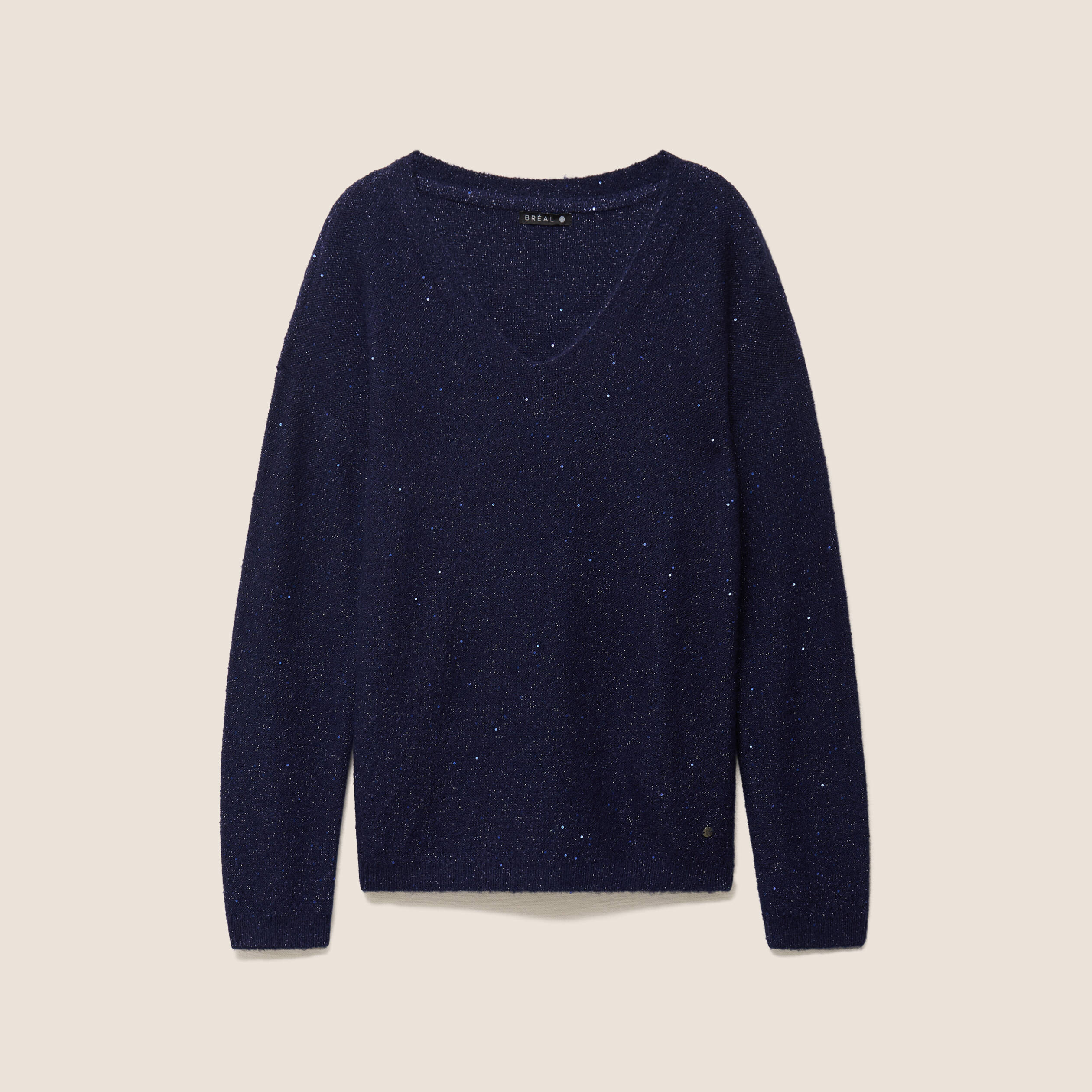 Pull col v manches longues &agrave; sequins bleu marine femme