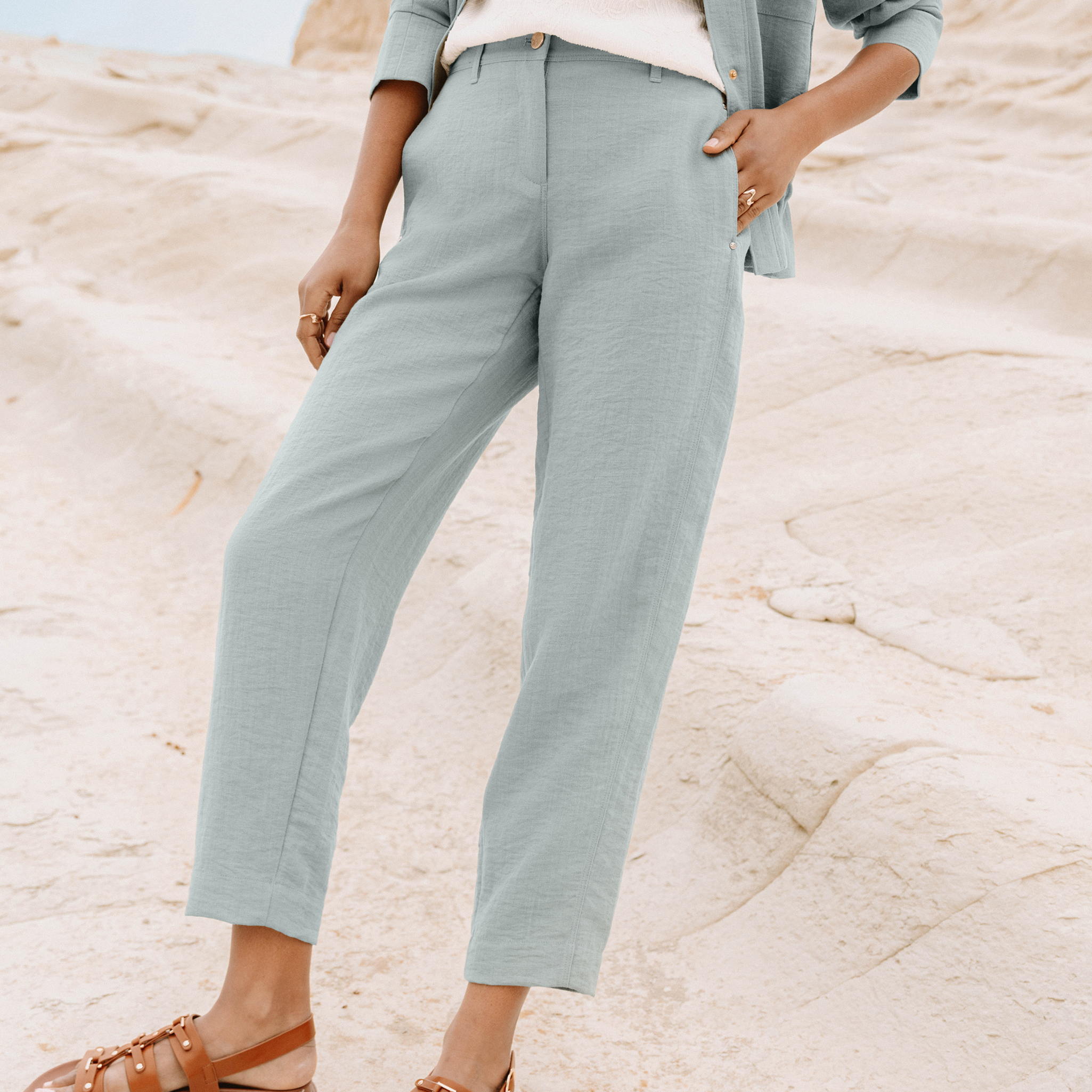 Pantalon large 7/8&egrave;me doubl&eacute; aspect lin vert clair femme