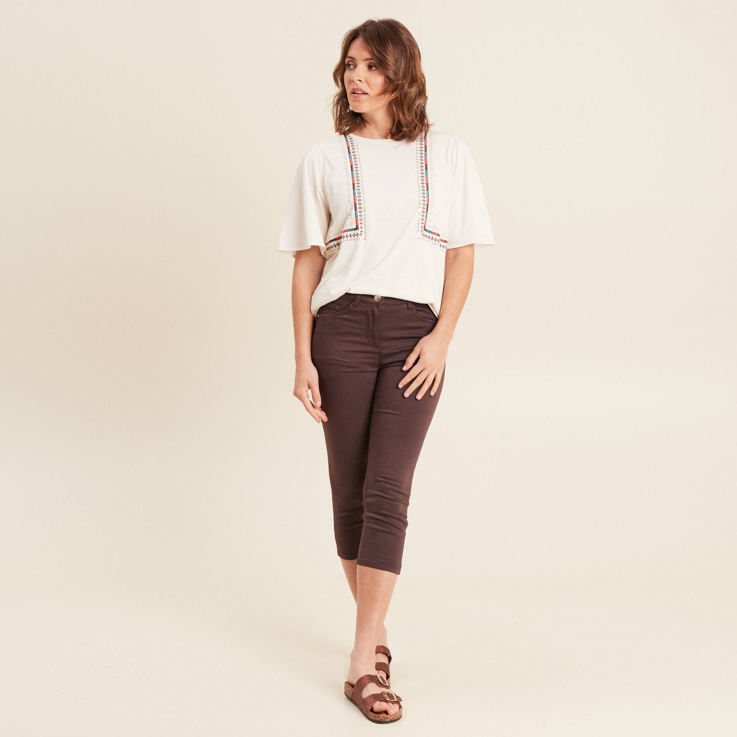 pantacourt droit taille standard marron femme Pantacourt droit taille standard marron femme