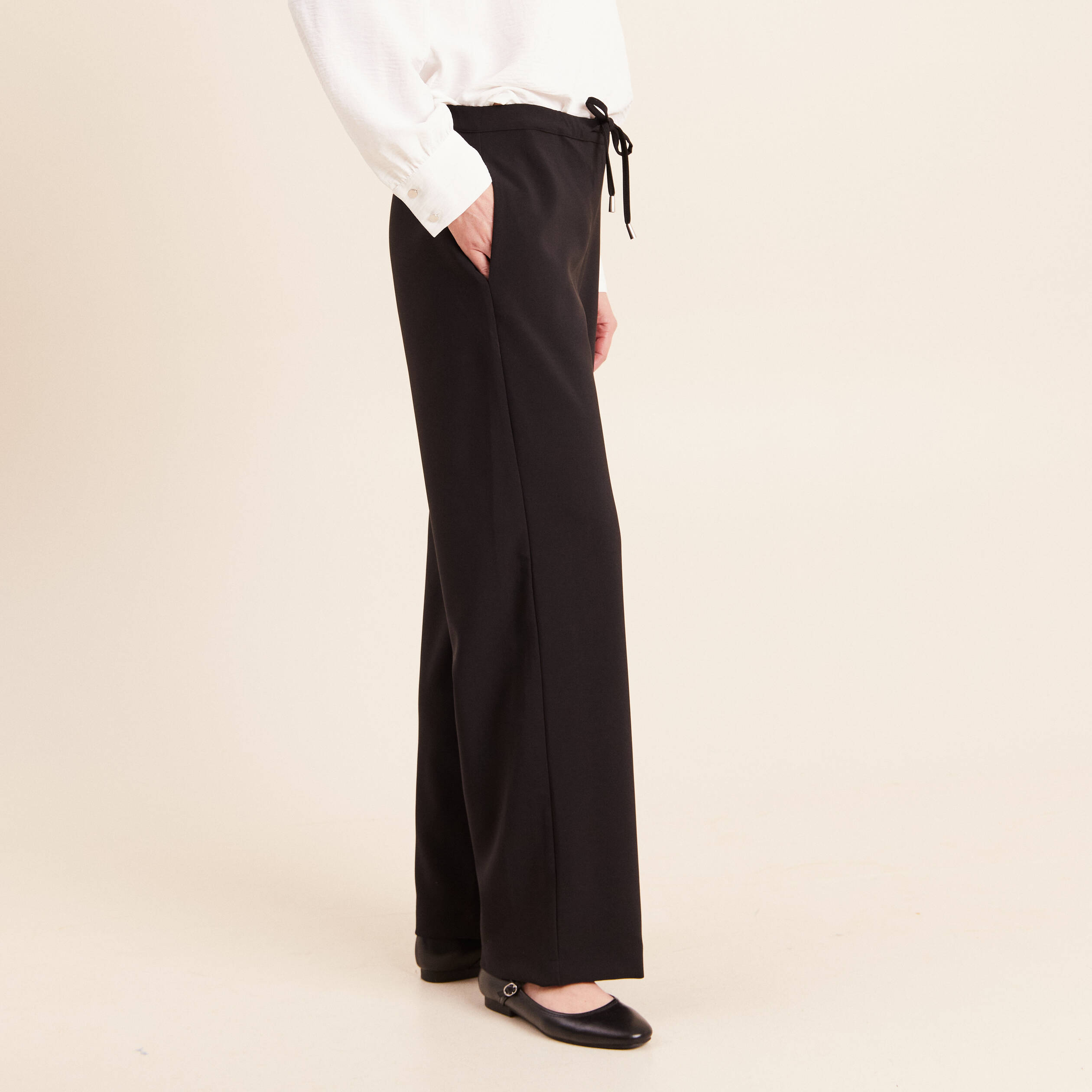 Pantalon fluide large taille haute noir femme