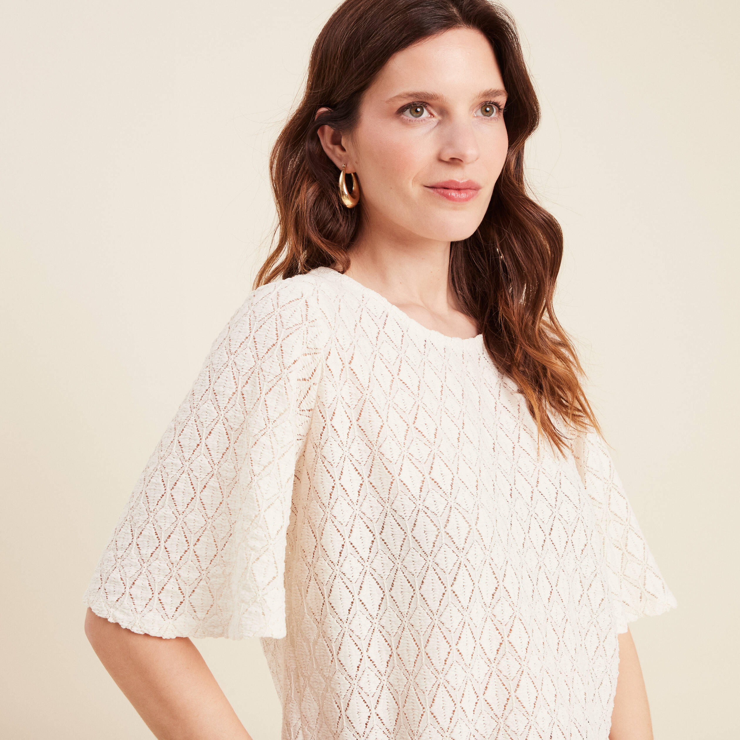 blouse manches courtes ajouree ecru femme Blouse manches courtes ajourée ecru femme