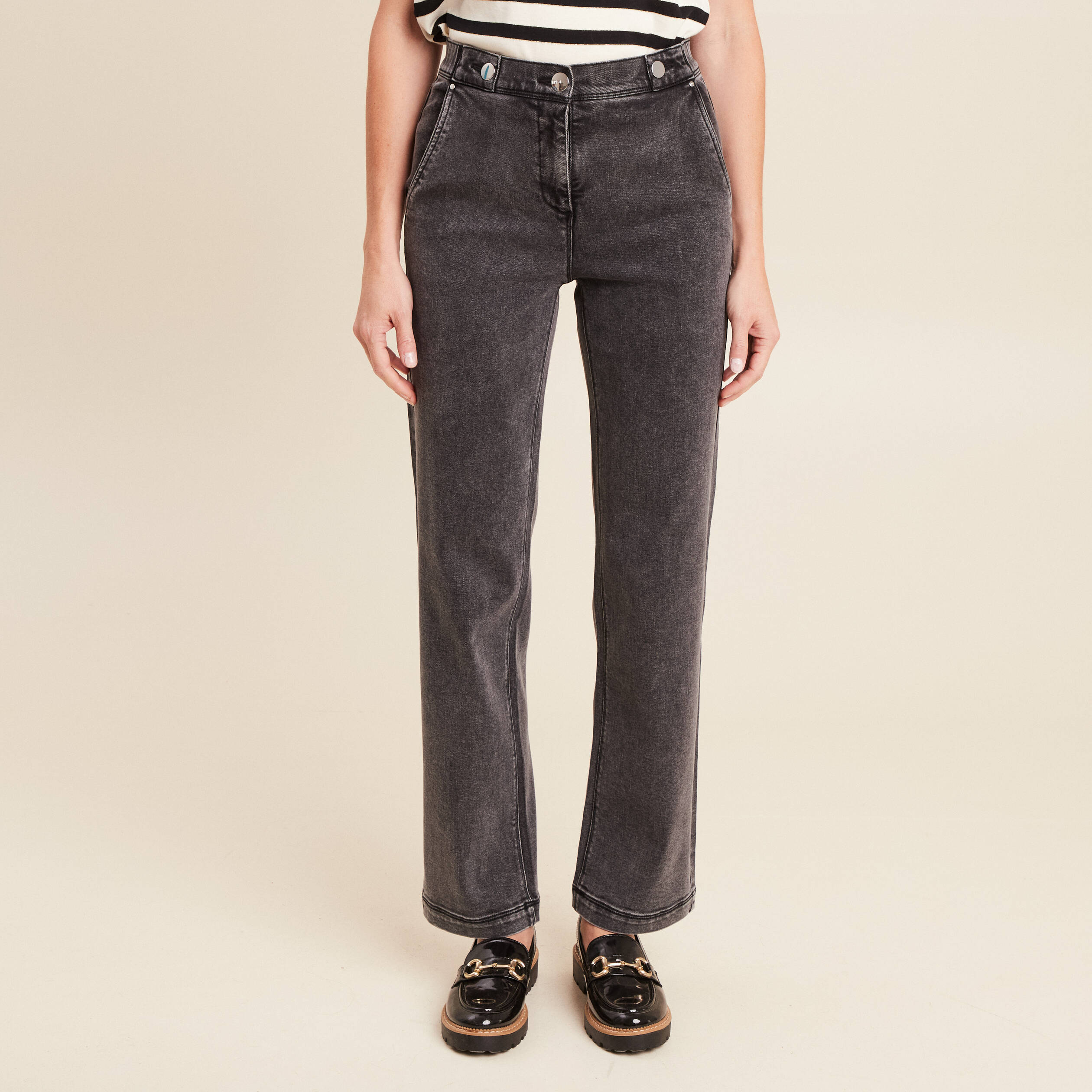 jean droit taille haute long denim gris femme Jean droit taille haute long denim gris femme