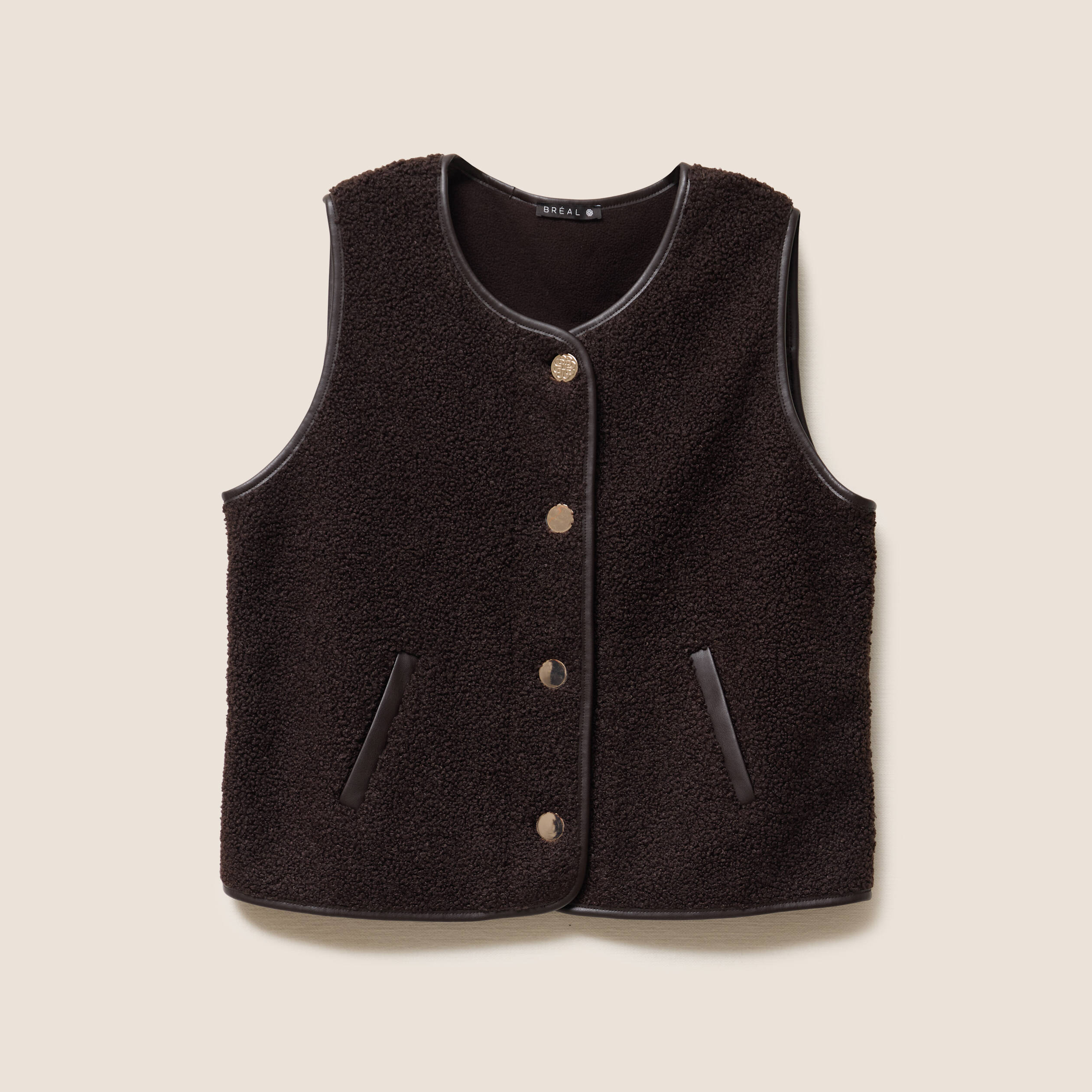 gilet sans manches sans col marron fonce femme Gilet sans manches sans col marron foncé femme