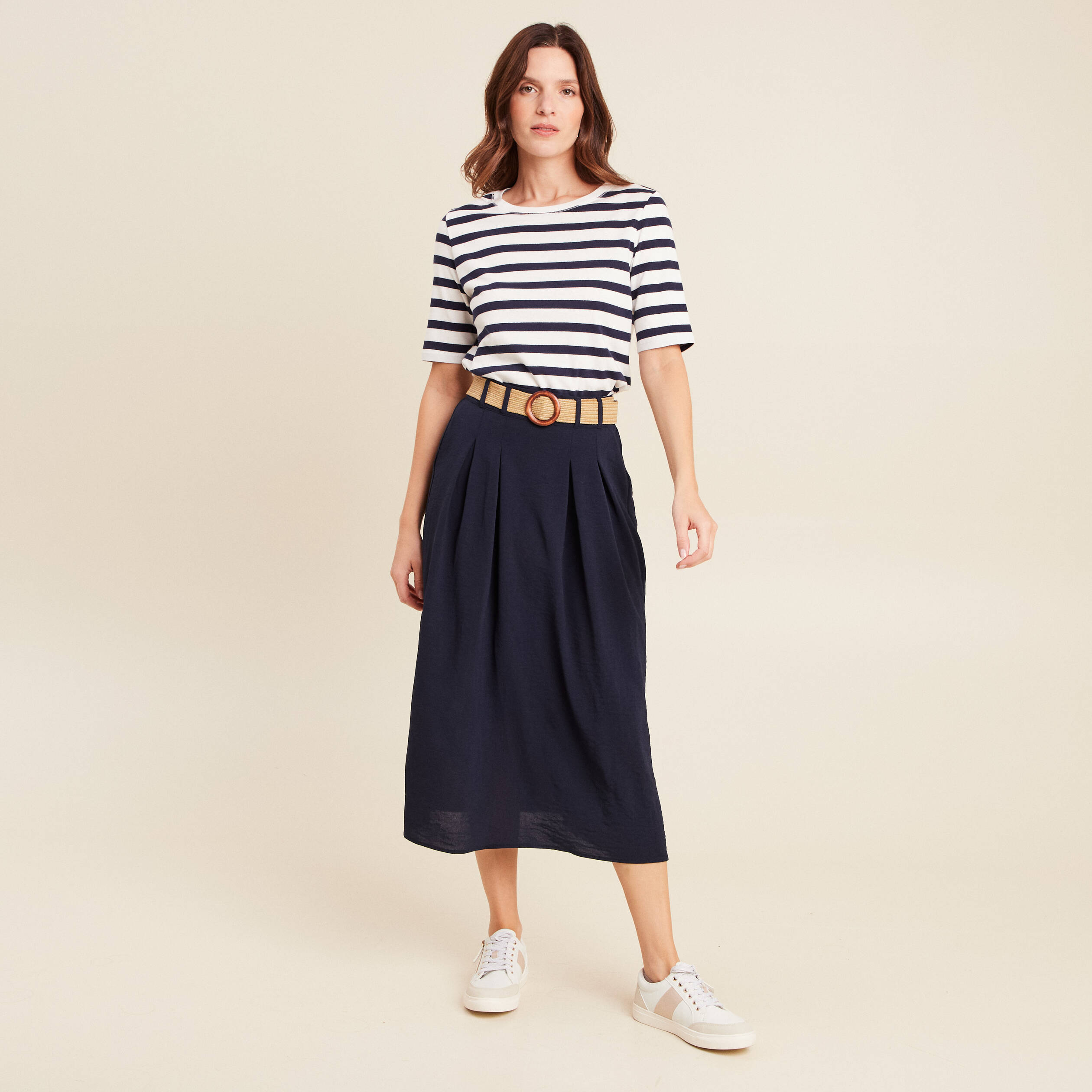 Jupe longue évasée ceinturée bleu foncé femme