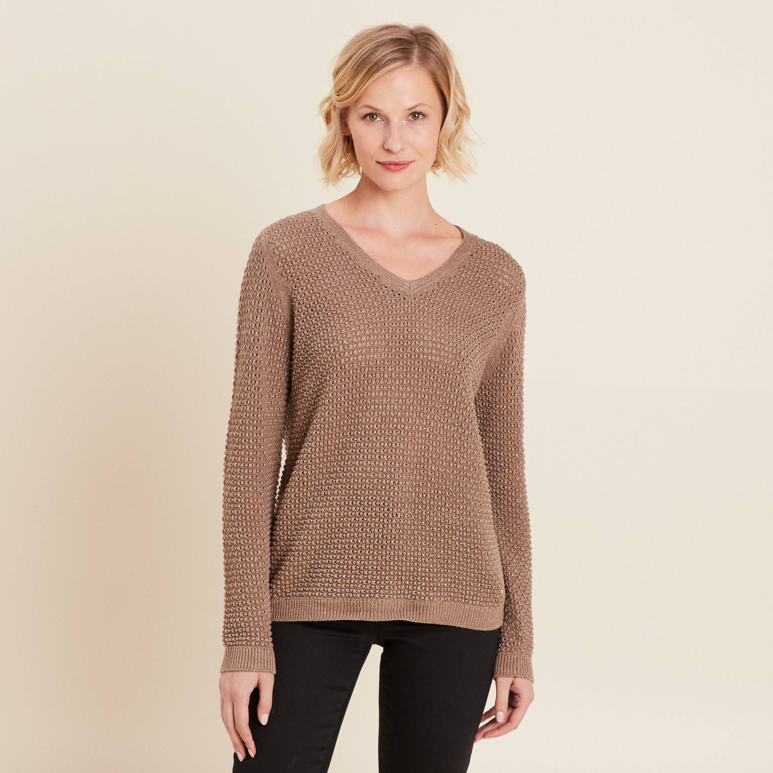 pull manches longues col en v taupe femme Pull manches longues col en V taupe femme