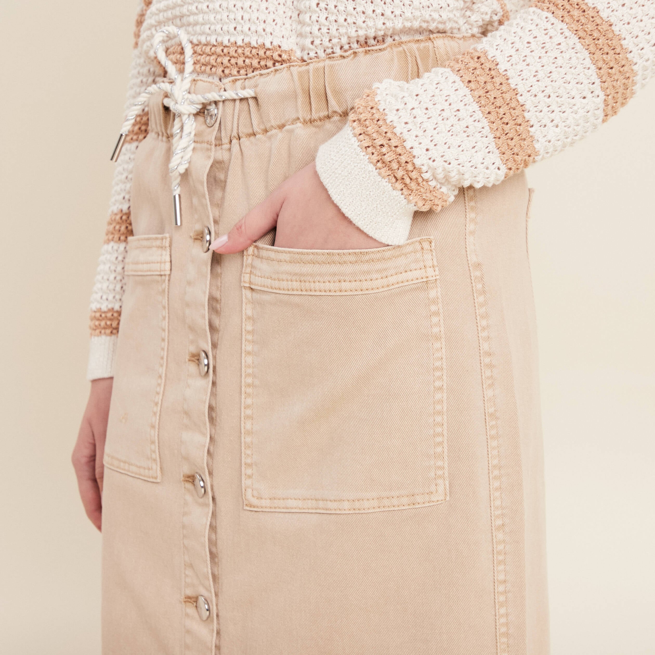 Jupe longue droite en jean denim beige femme
