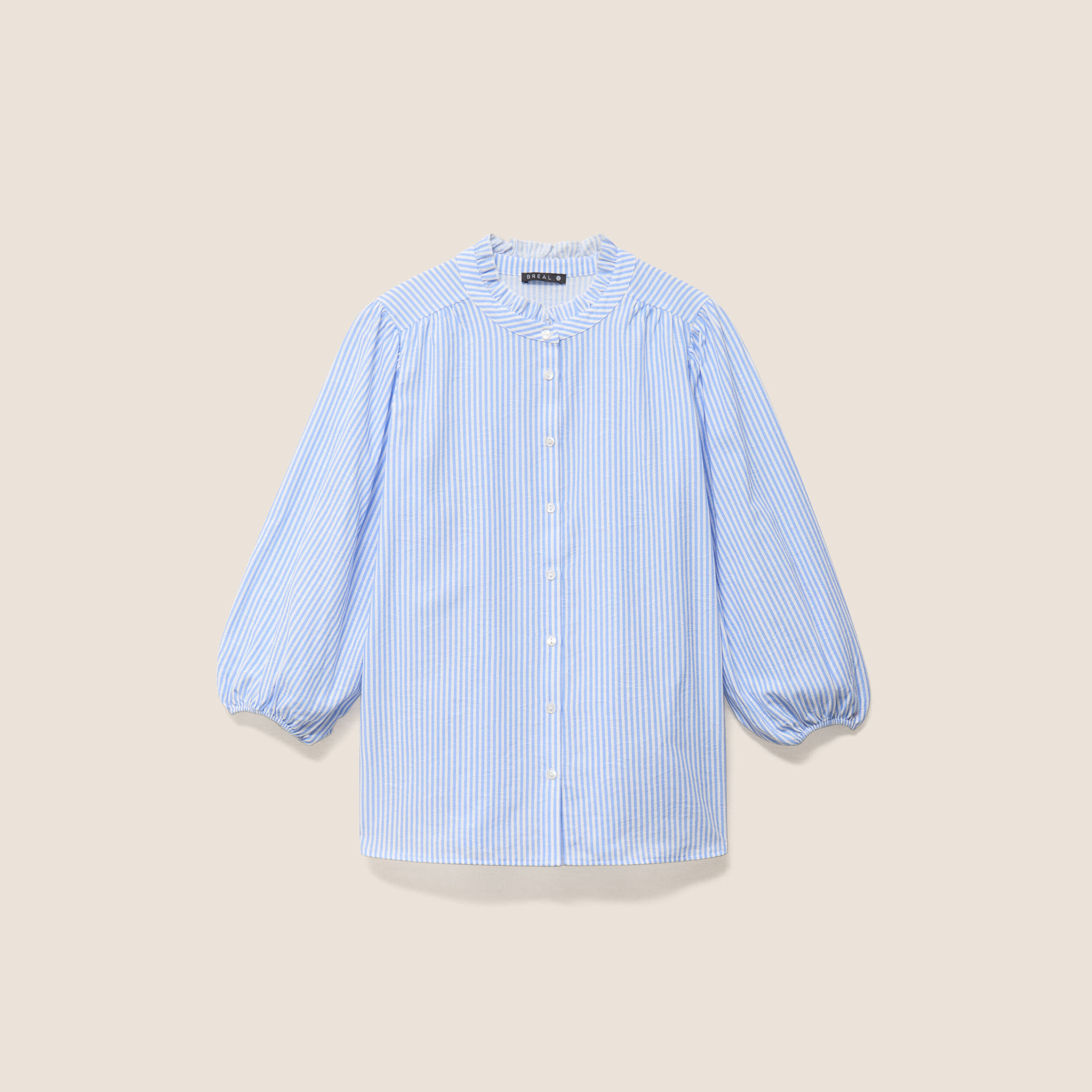 Chemise col montant manches 3/4 bleu femme