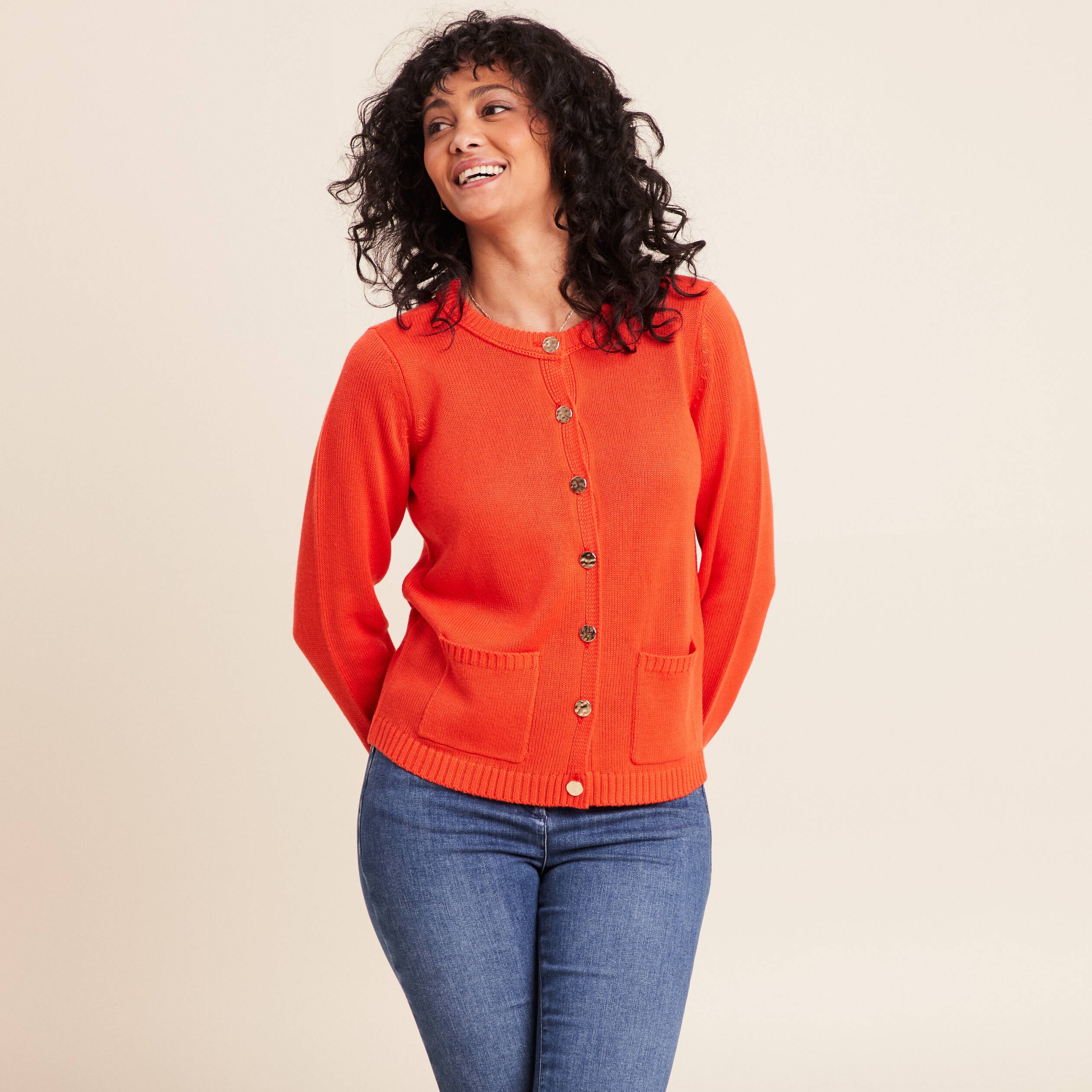 Gilet droit long &agrave; manches longues orange fonc&eacute; femme