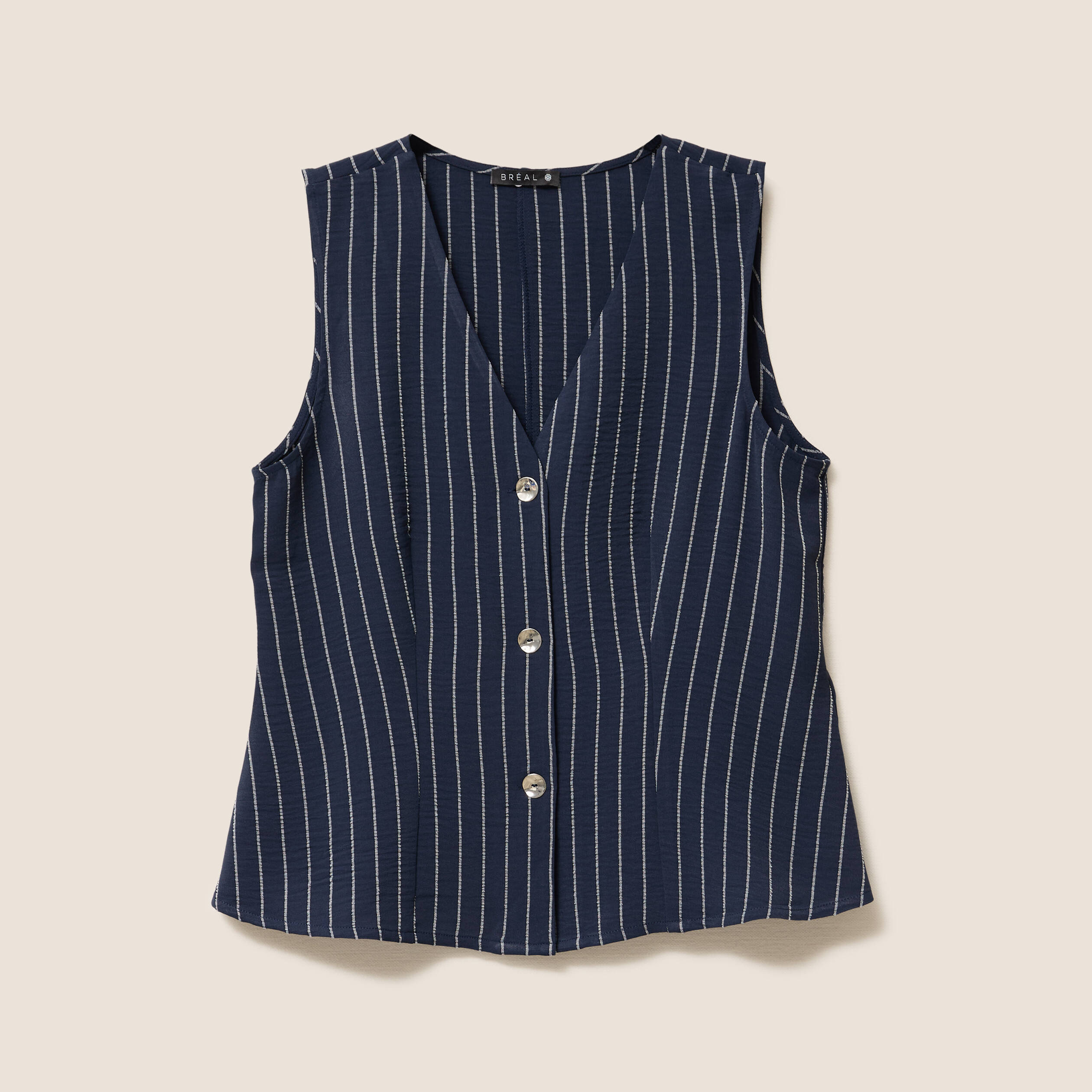 Gilet droit court sans manches col V bleu fonc&eacute; femme