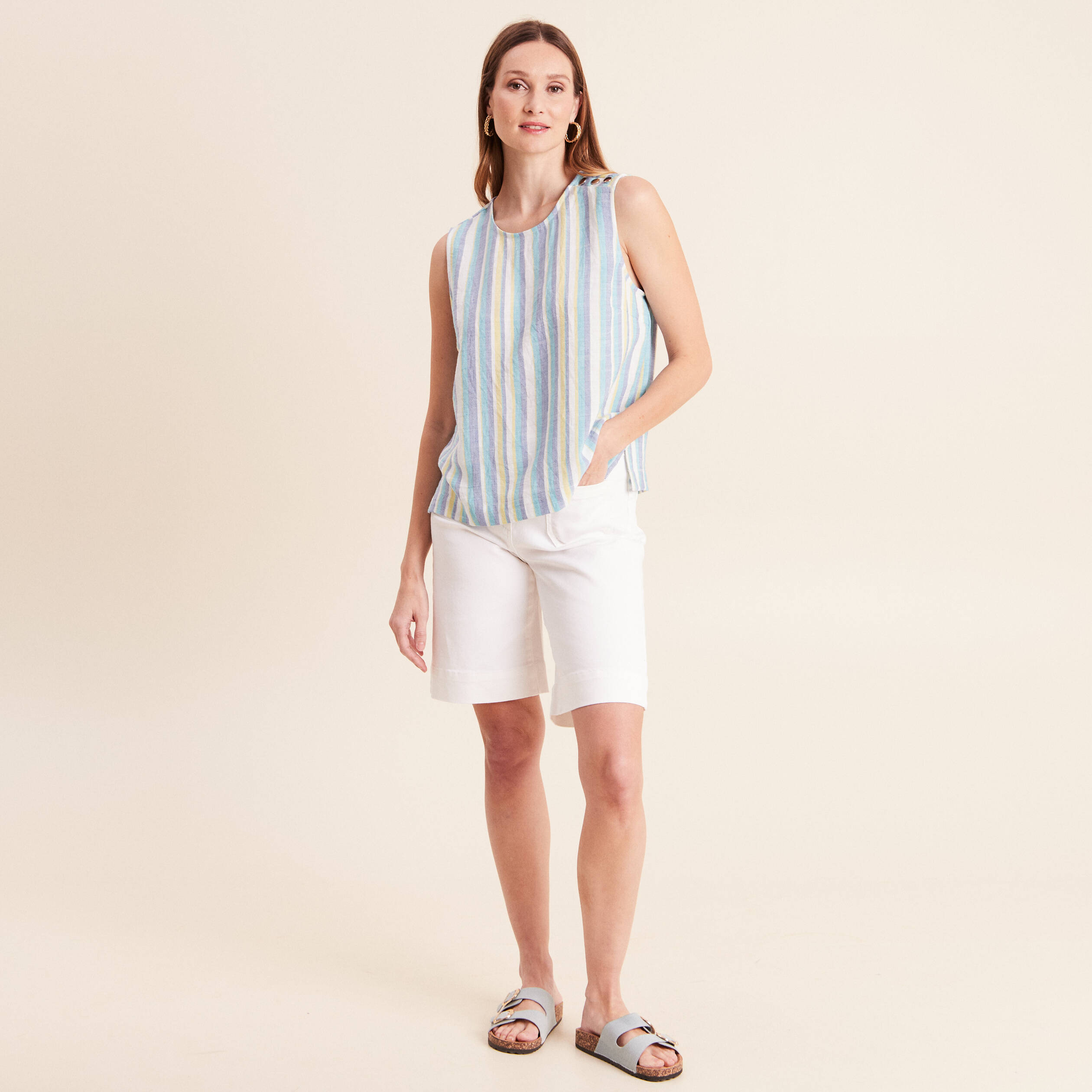 Blouse sans manches col rond bleu femme