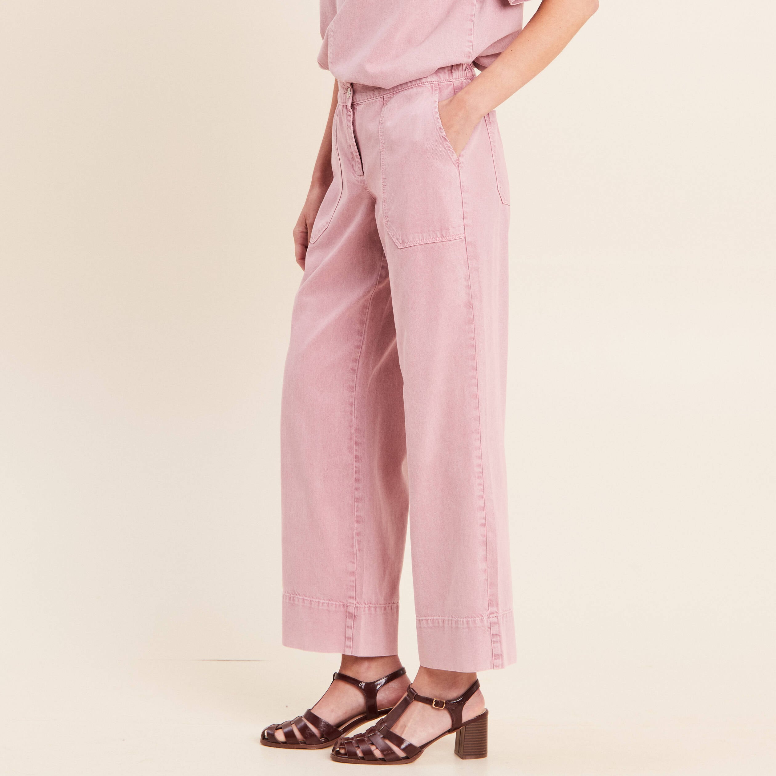 Pantalon large taille haute fluide rose femme