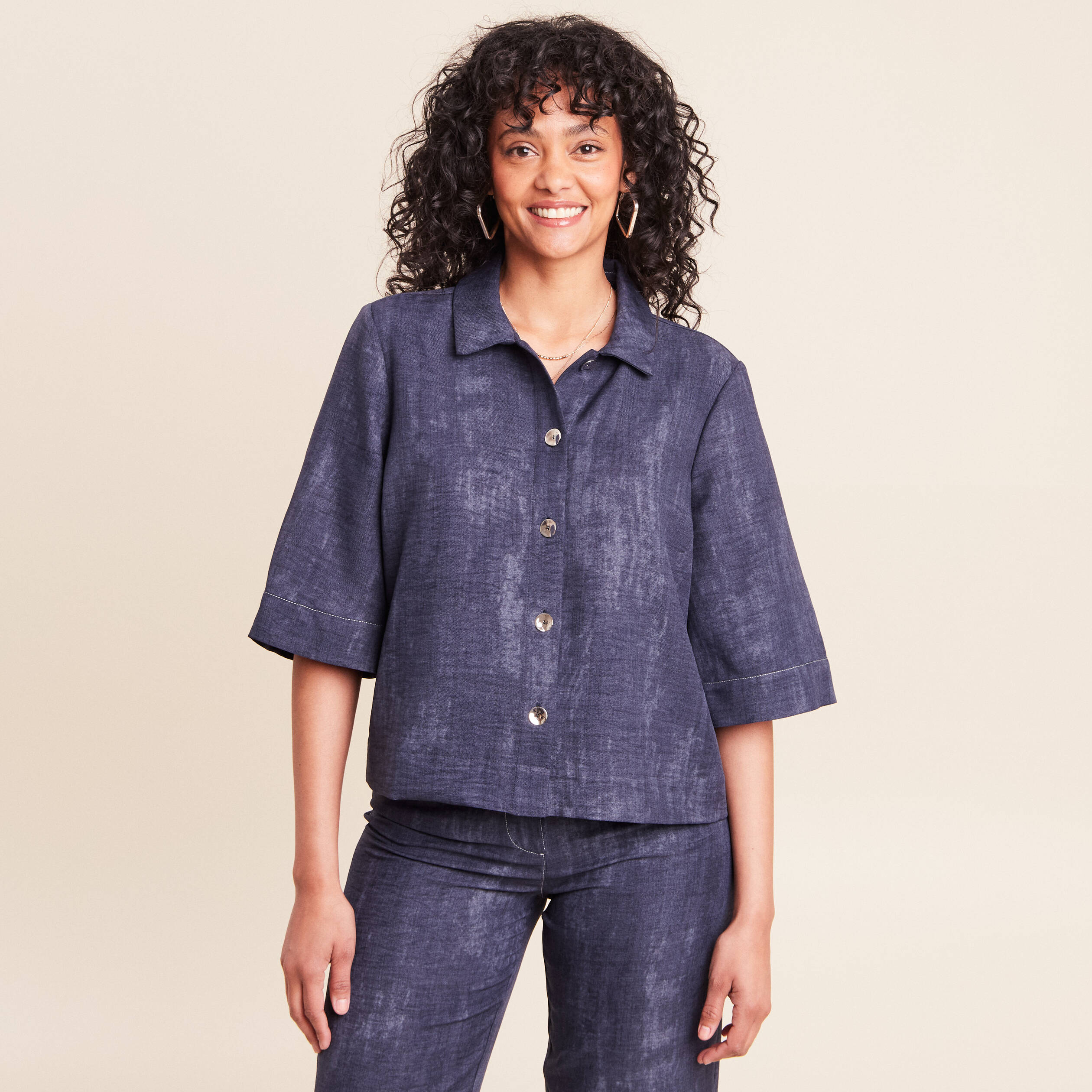 Chemise col chemise manches 3/4 bleu femme