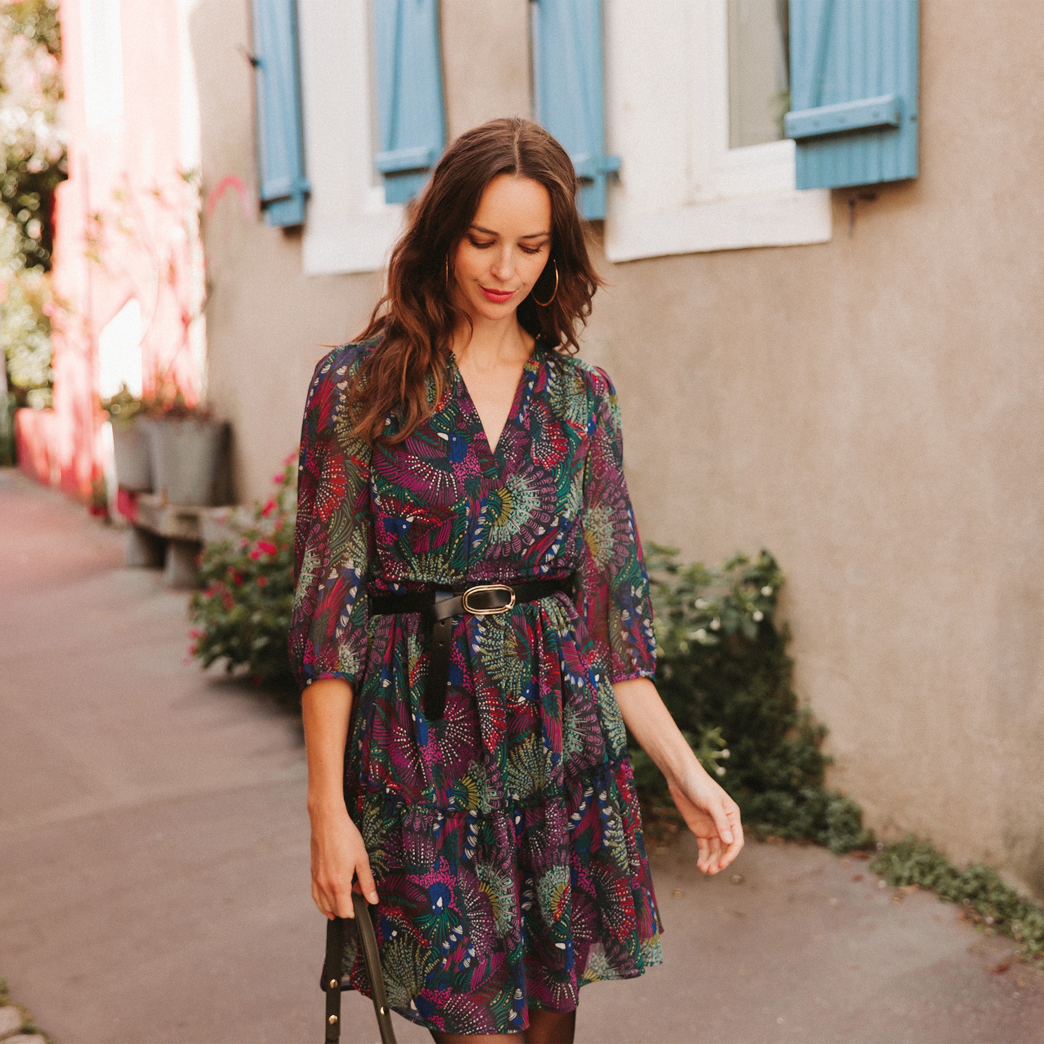 Robe évasée manches 3/4 multicolore femme