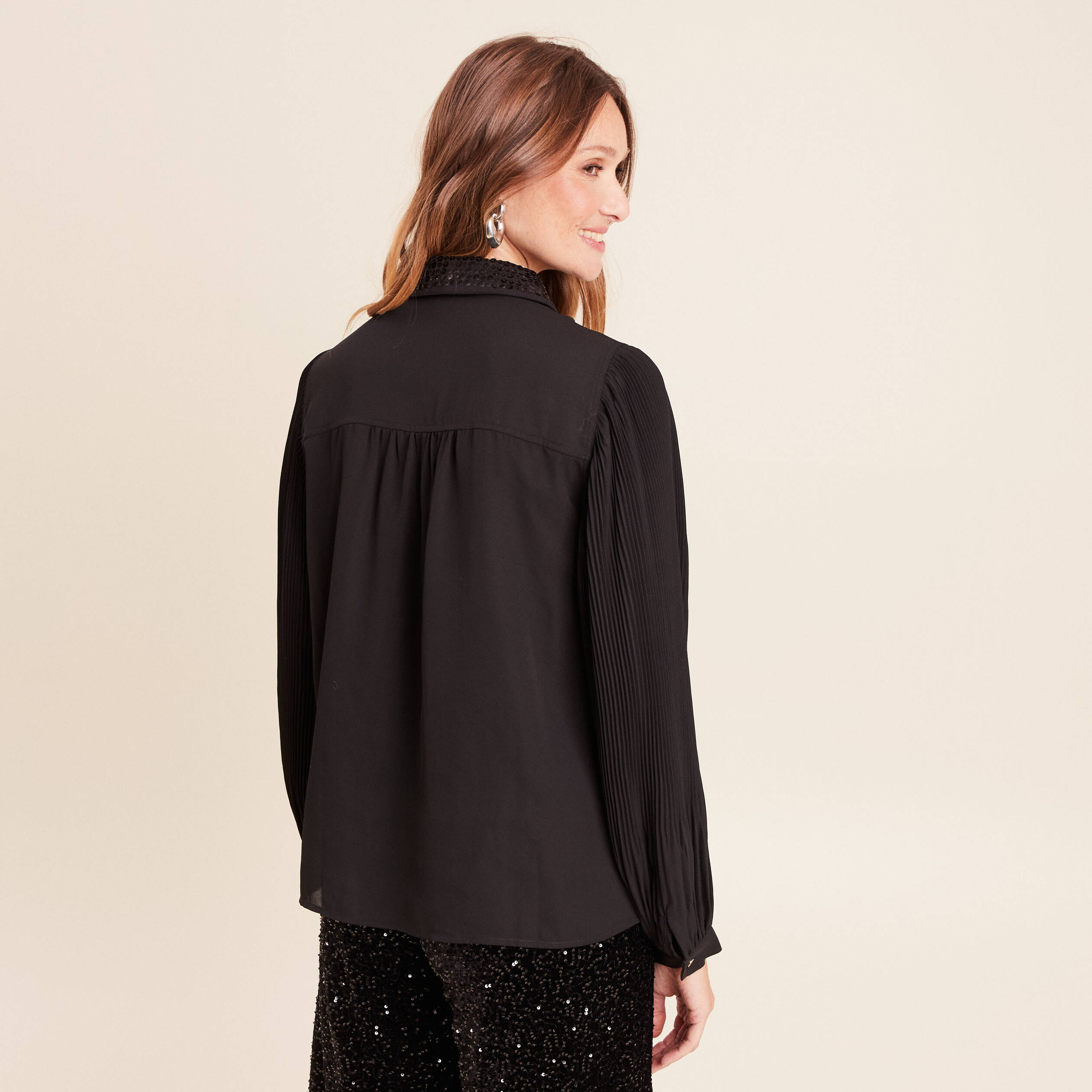 Chemise fluide &agrave; sequins manches longues noir femme