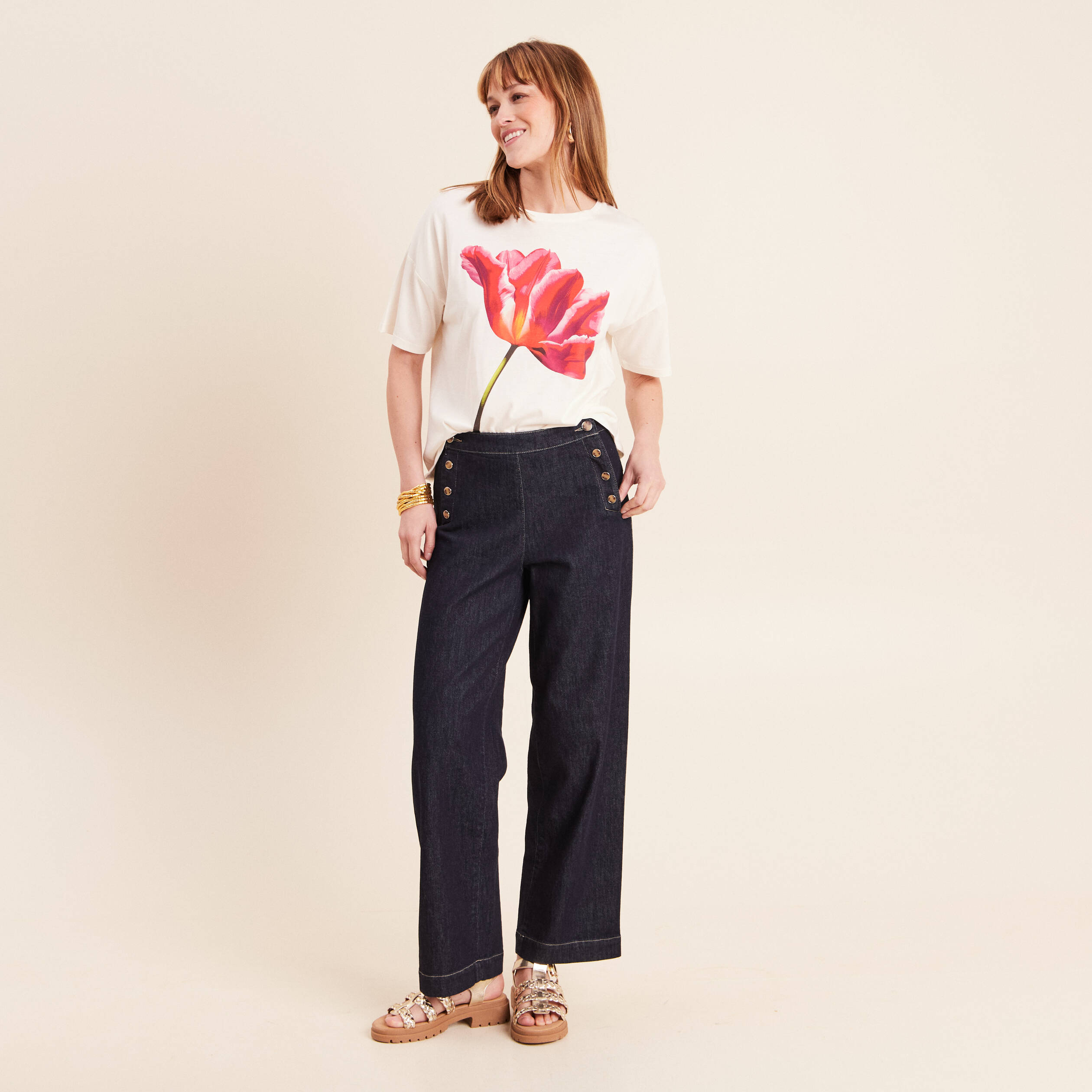 T-shirt col rond manches courtes ecru femme