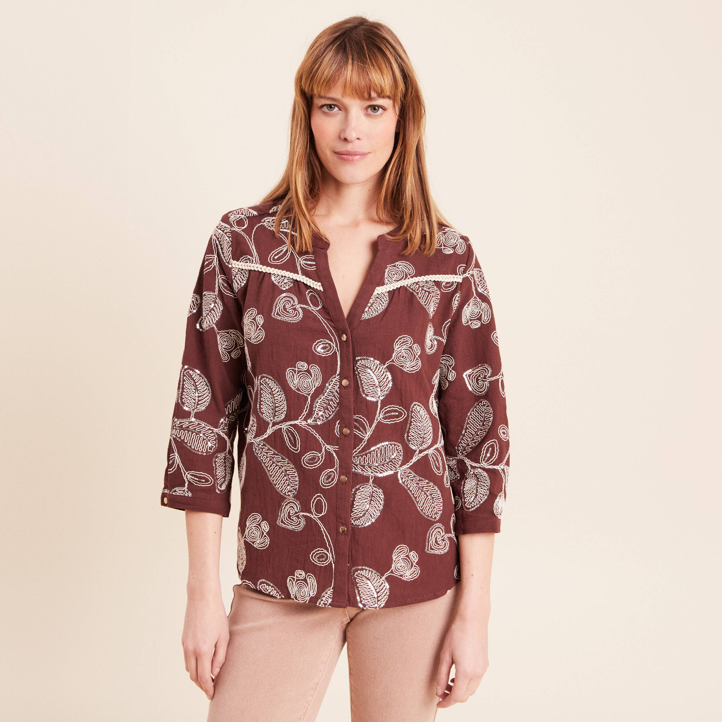Blouse col tunisien manches 3/4 marron femme