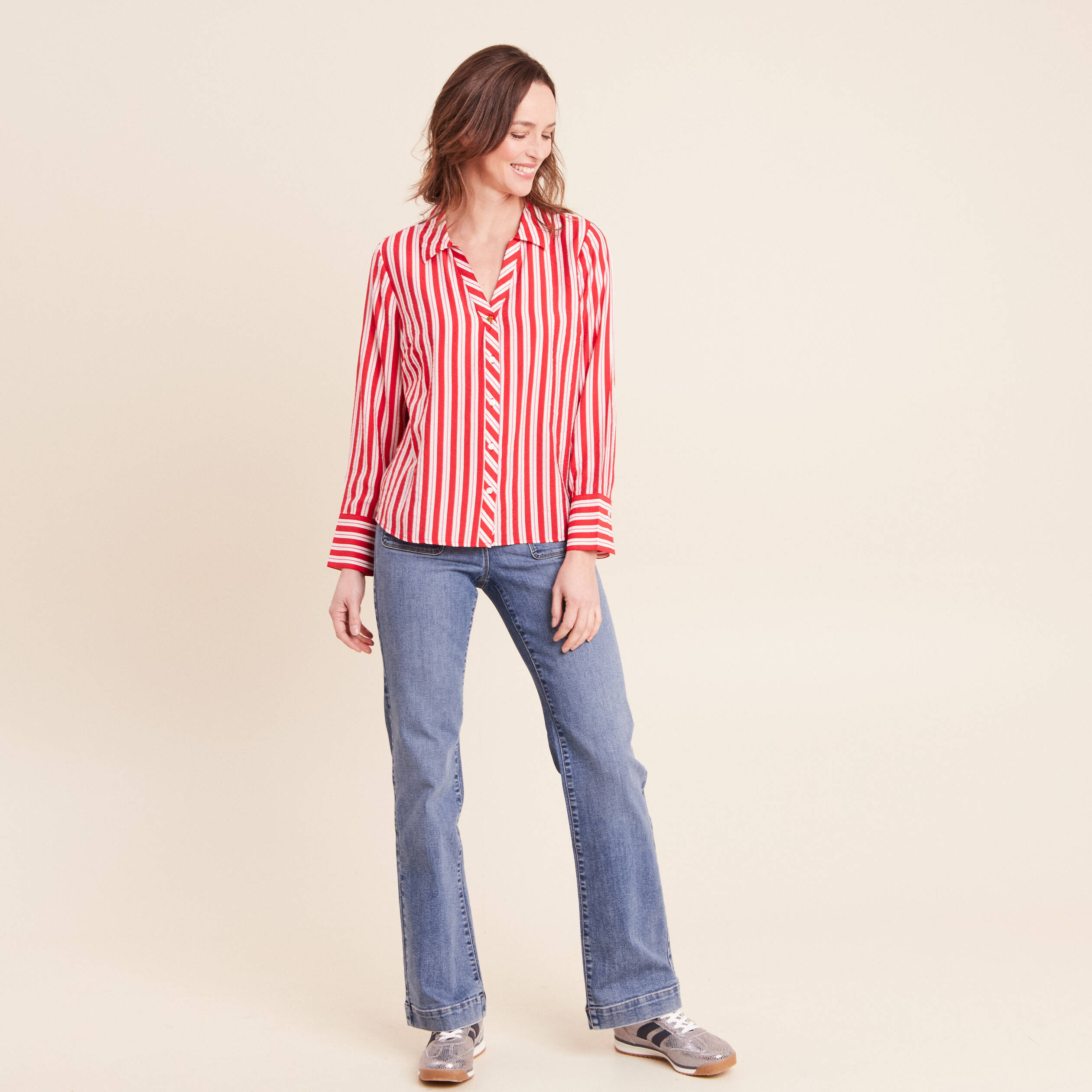 Chemise droite longue fluide col chemise rouge femme