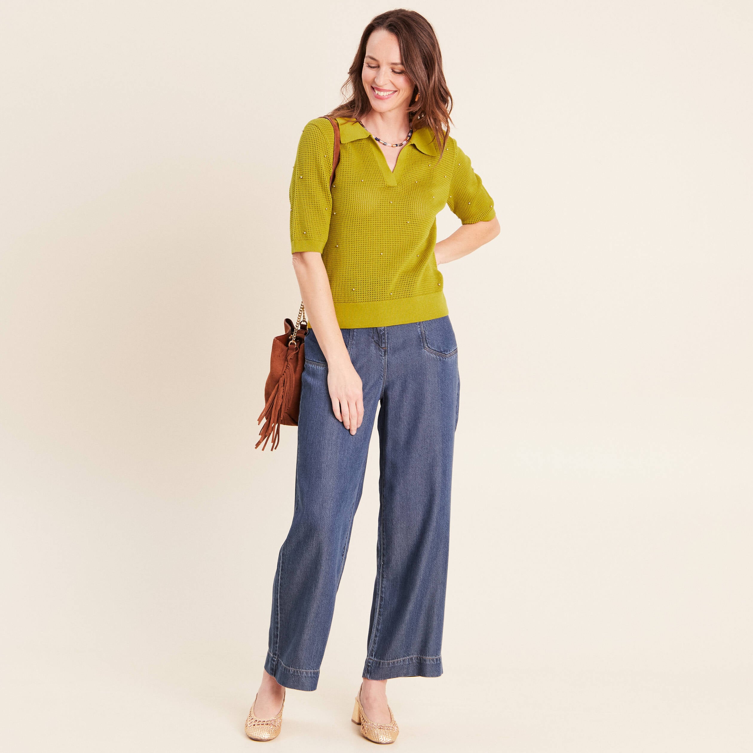 Polo ajour&eacute; col chemise manches courtes vert olive femme