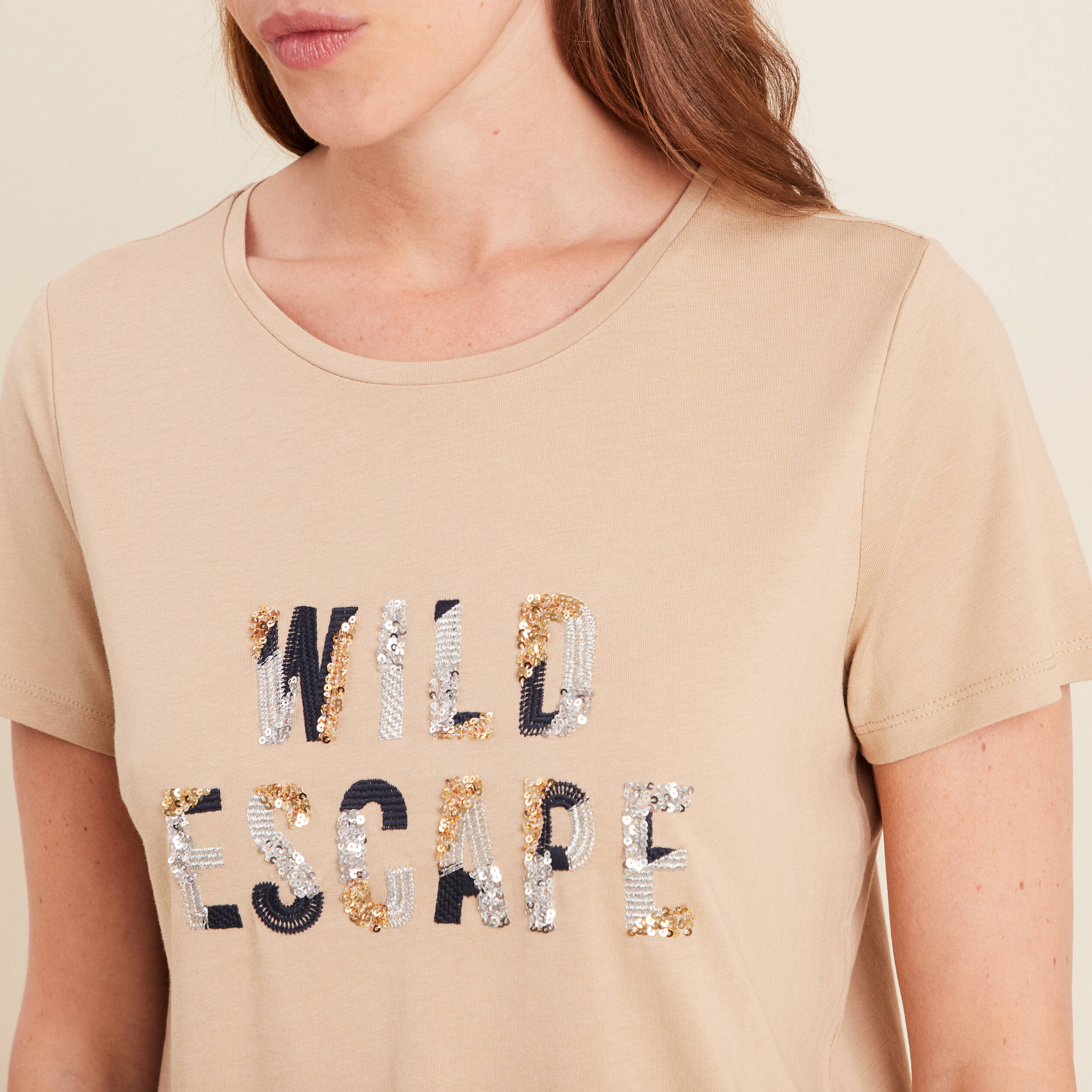 T-shirt sequins manches courtes sable femme