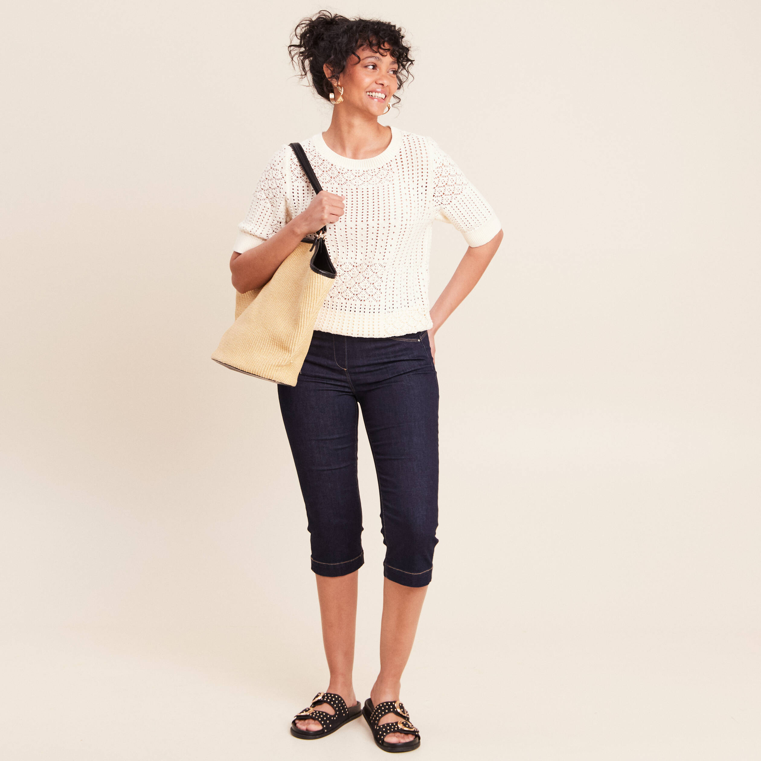 Pull ajour&eacute; col rond manches courtes ecru femme