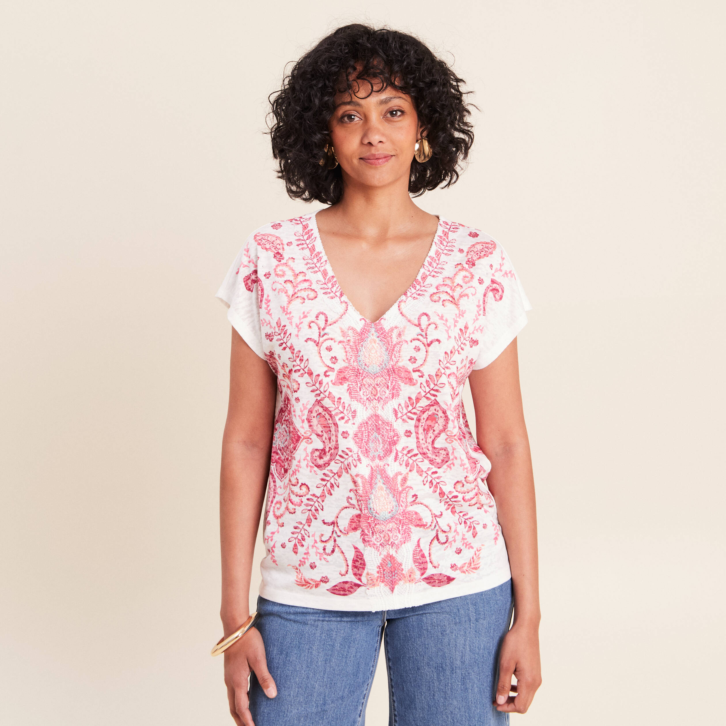 T-shirt macram&eacute; manches courtes ecru femme