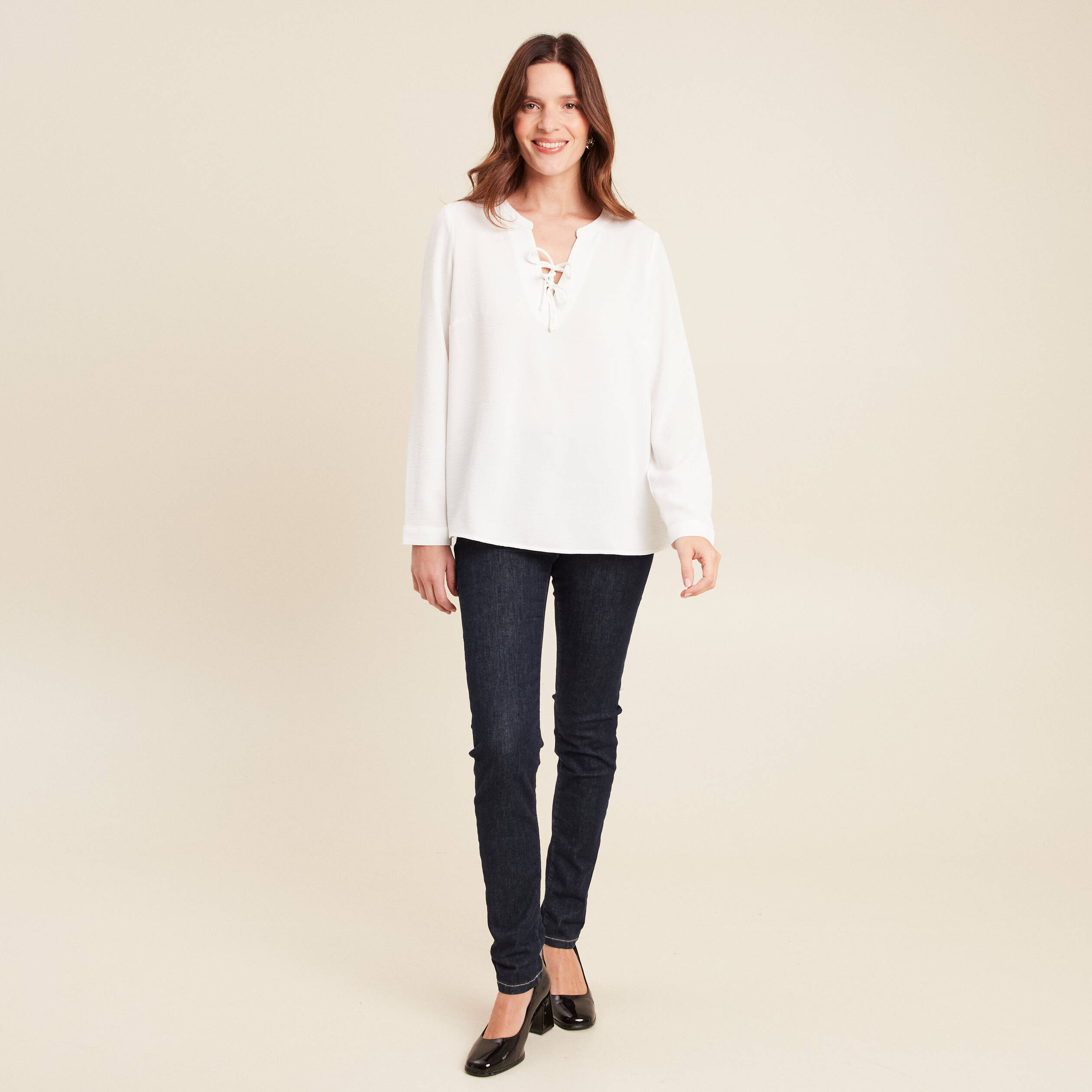Blouse fluide n&oelig;uds manches longues ecru femme