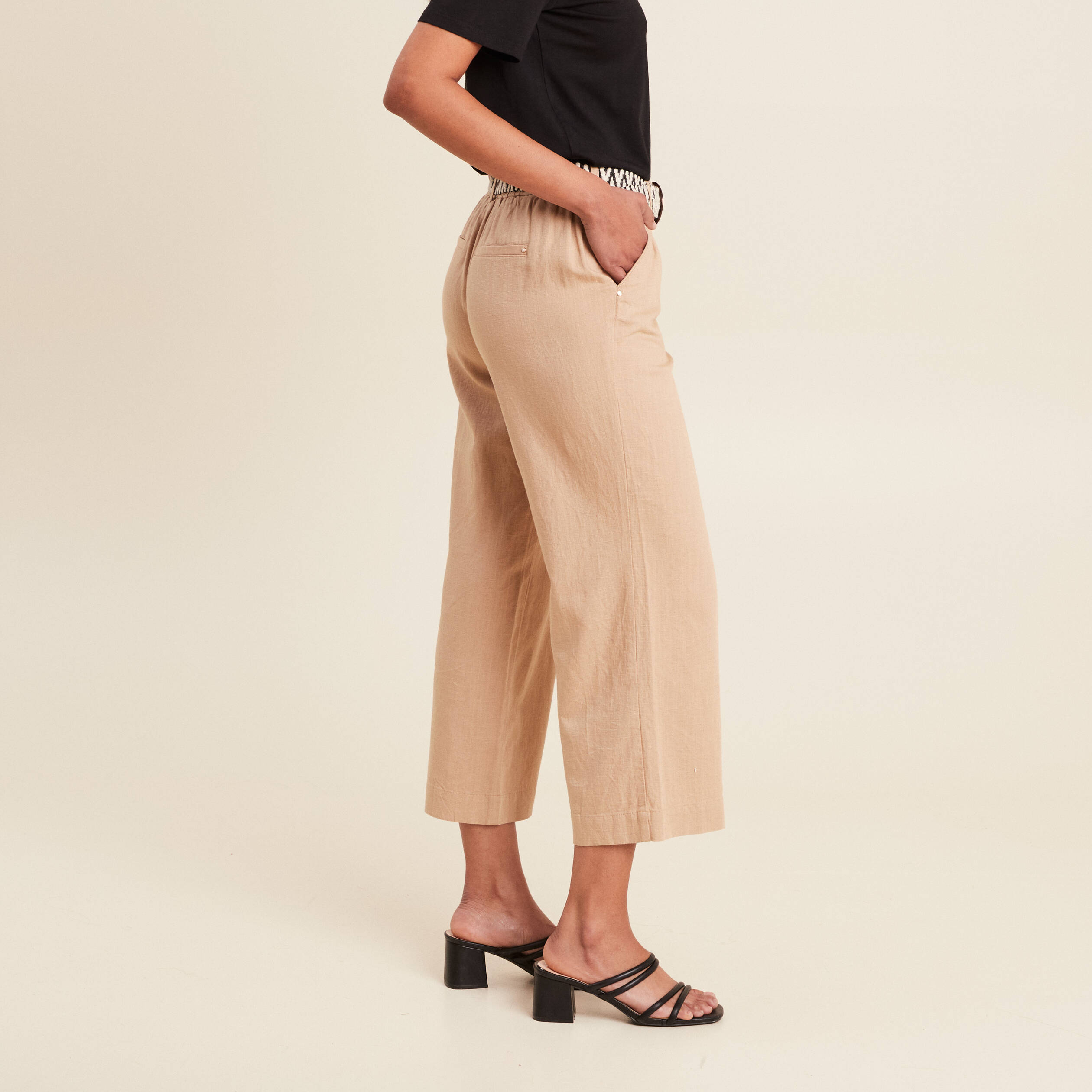pantalon large 78eme ceinture sable femme Pantalon large 7/8ème ceinturé sable femme
