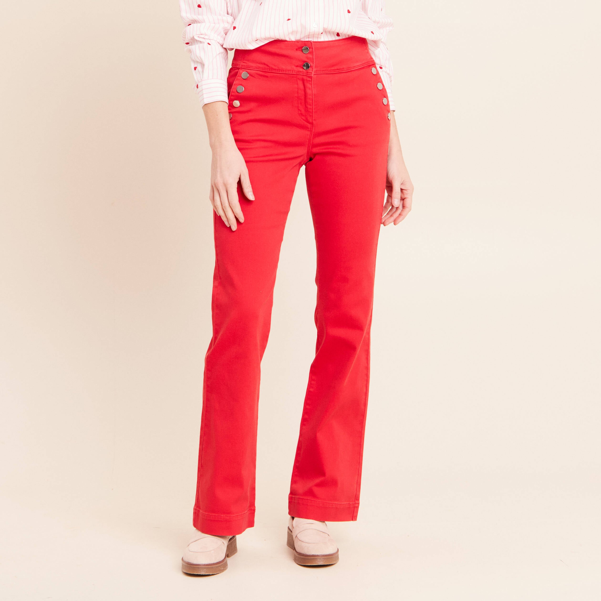 Pantalon coupe bootcut &agrave; pont rouge fluo femme