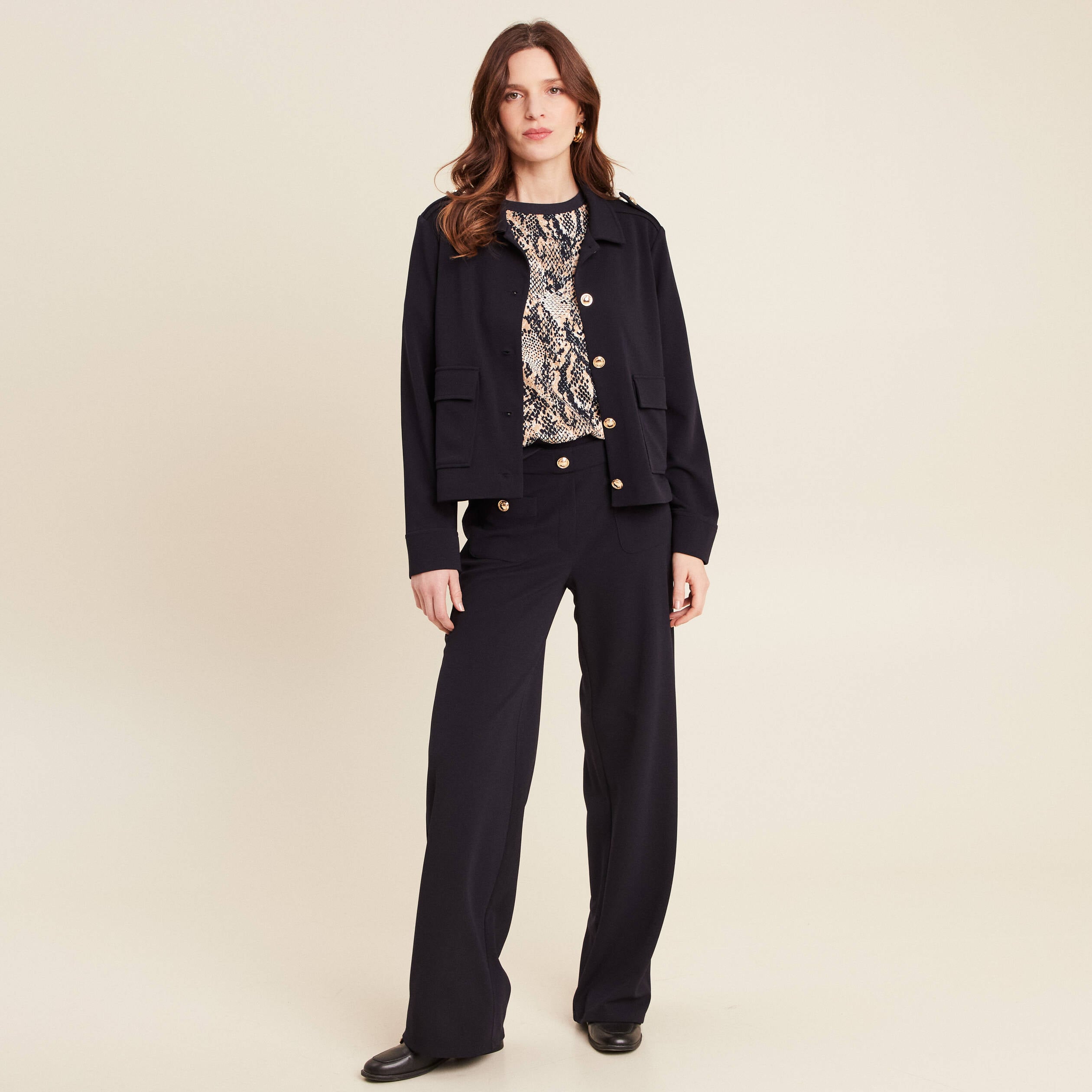 Pantalon coupe droite taille haute bleu fonc&eacute; femme