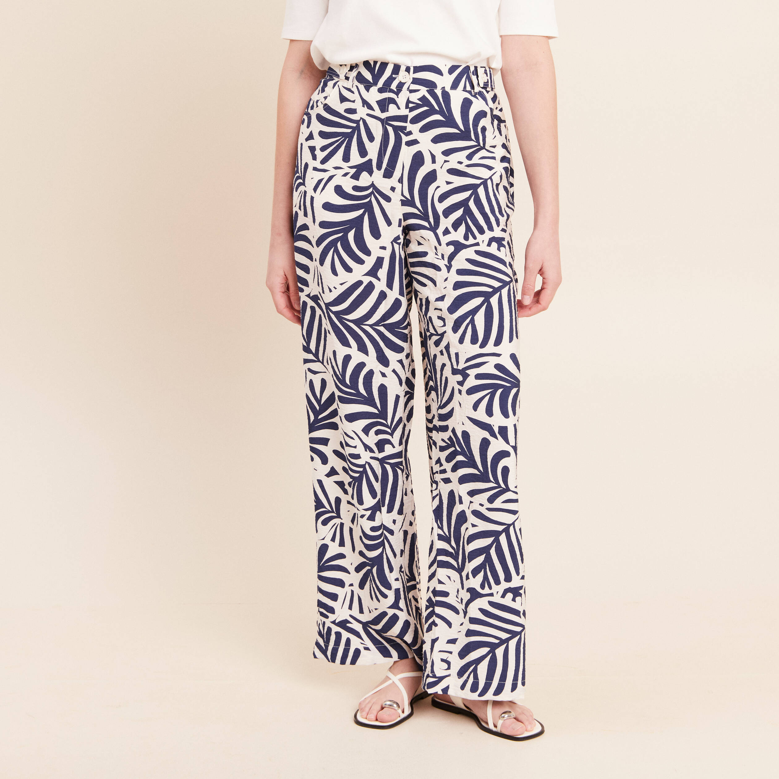 Pantalon fluide taille haute blanc femme