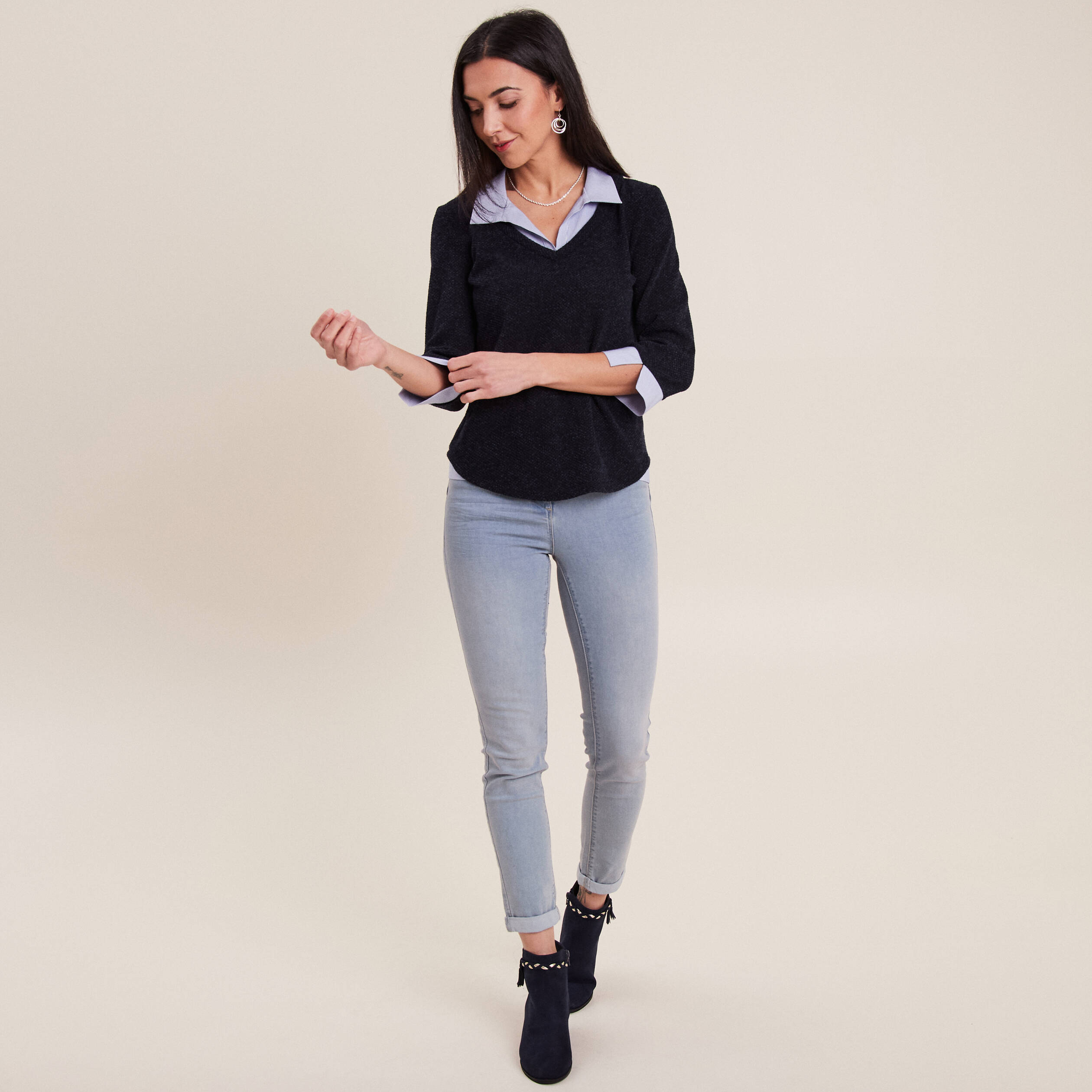 T-shirt manches 3/4 bleu marine femme