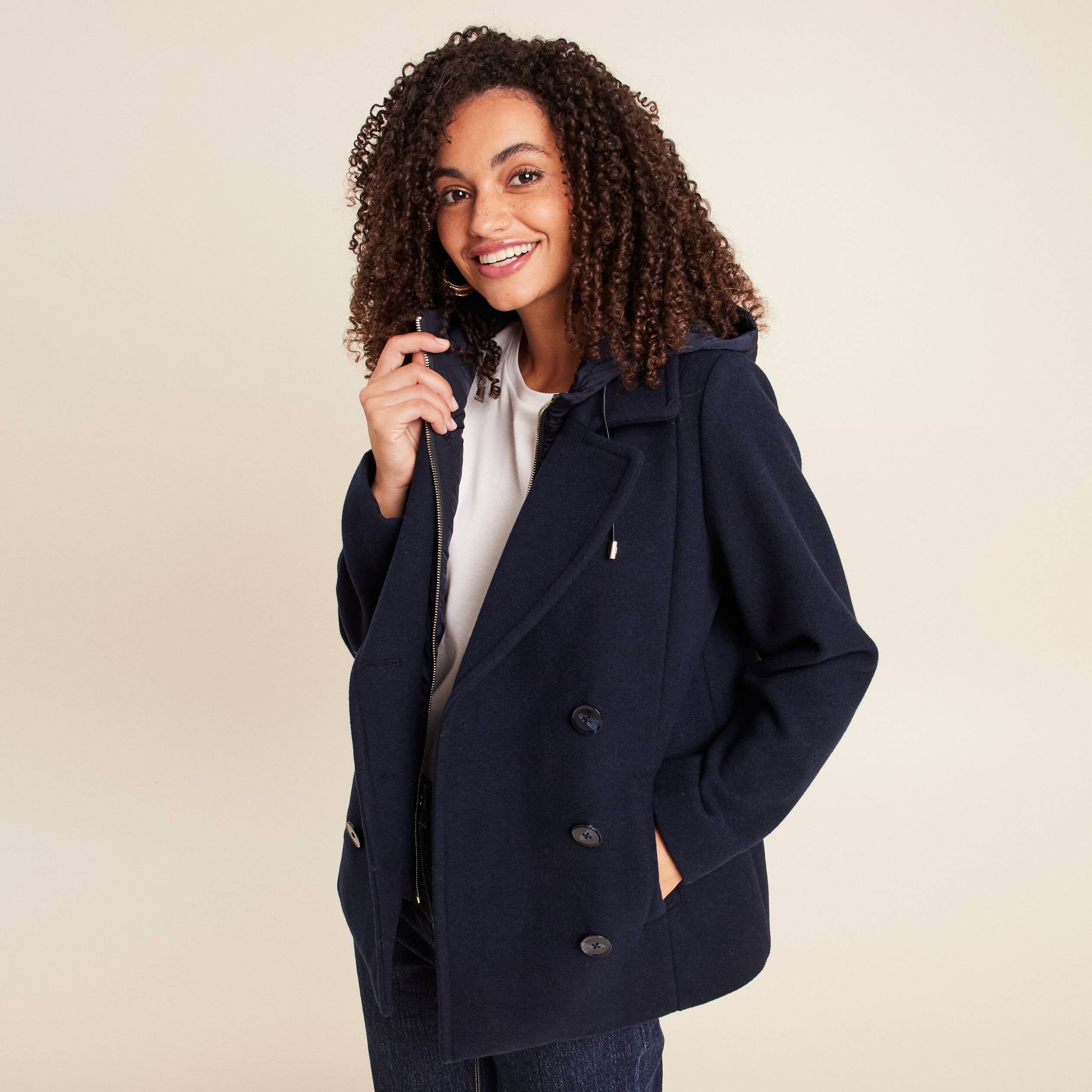 Caban doubl&eacute; avec capuche bleu marine femme