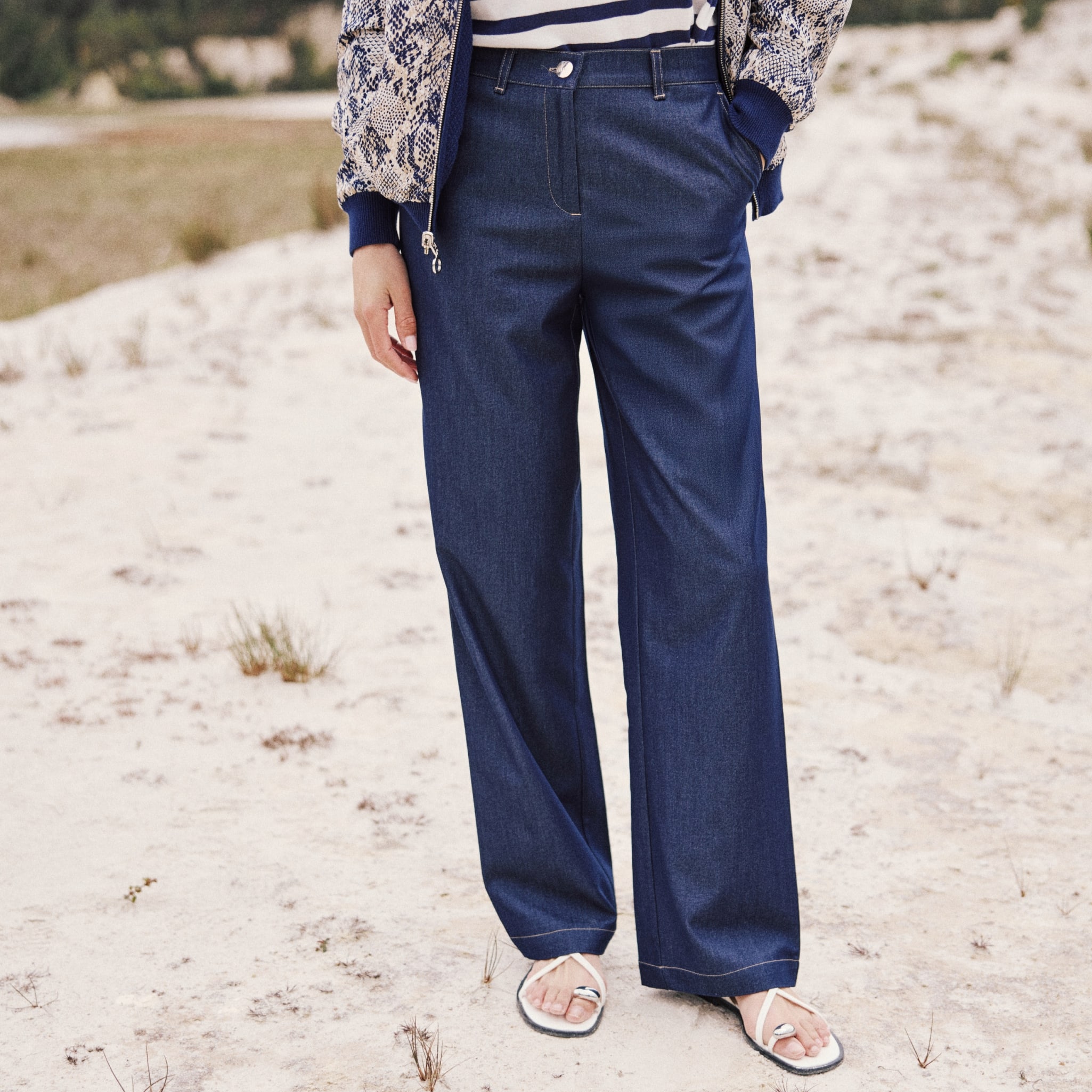 Pantalon large taille haute denim stone femme