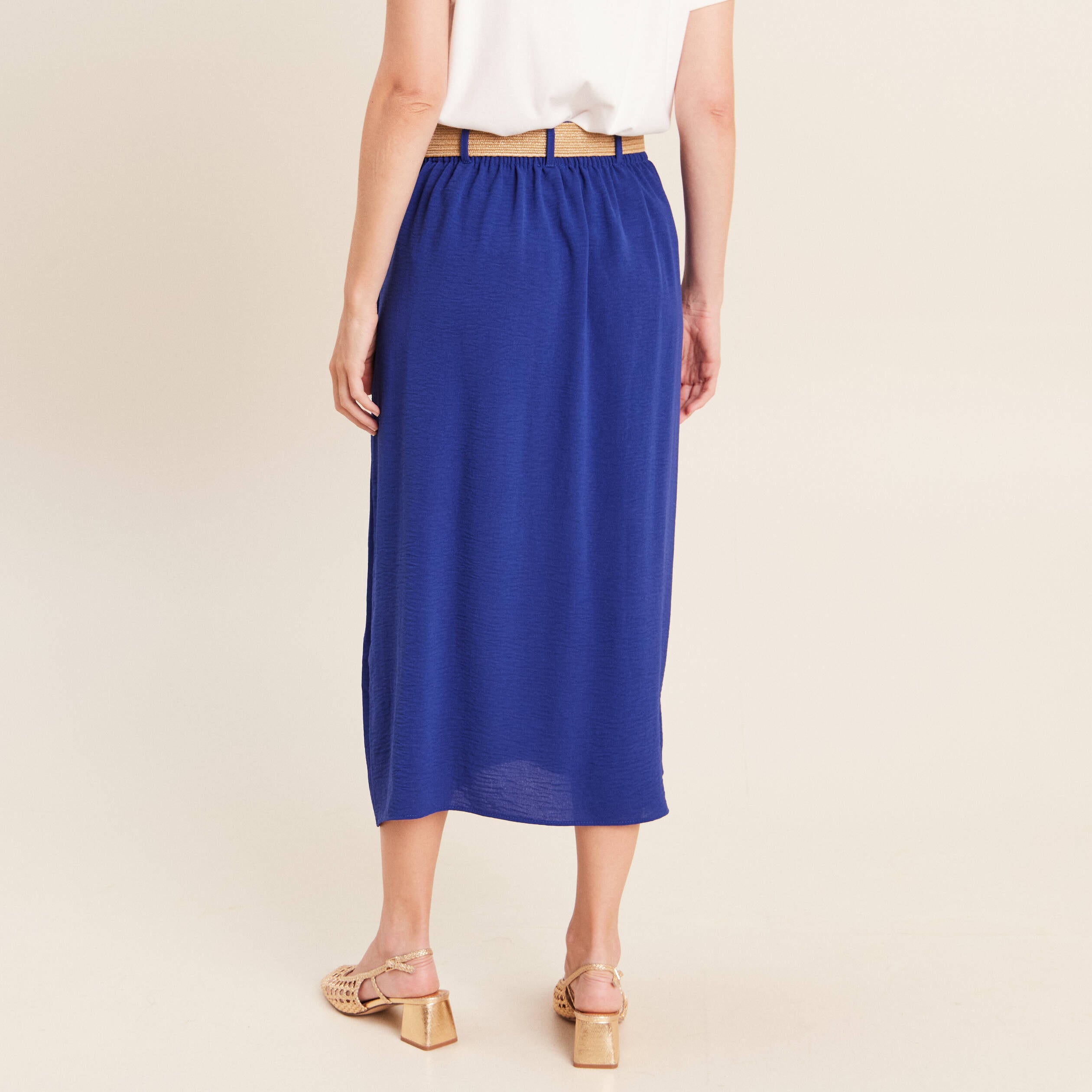 Jupe longue &eacute;vas&eacute;e ceintur&eacute;e bleu fonc&eacute; femme