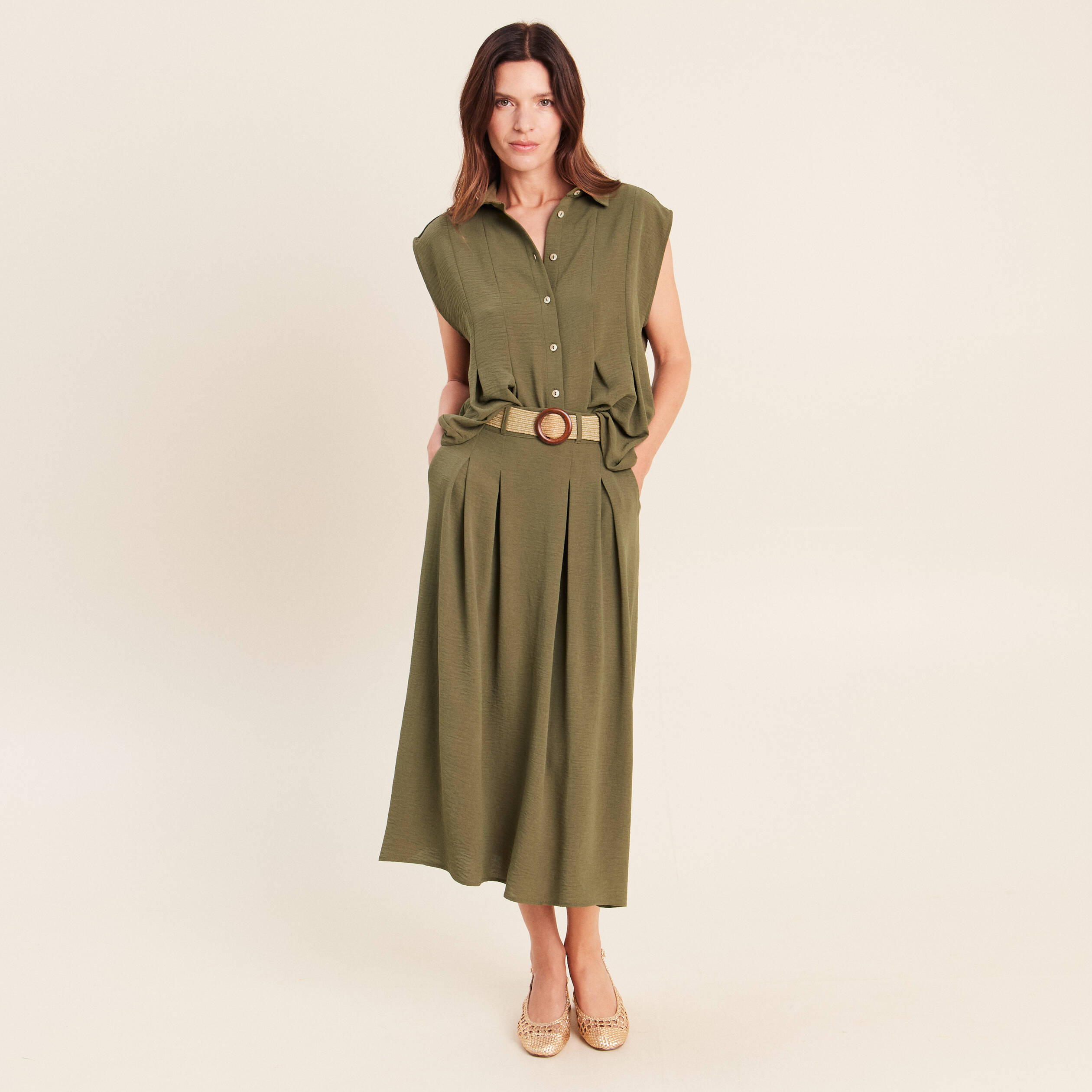 Jupe longue &eacute;vas&eacute;e ceintur&eacute;e vert kaki femme